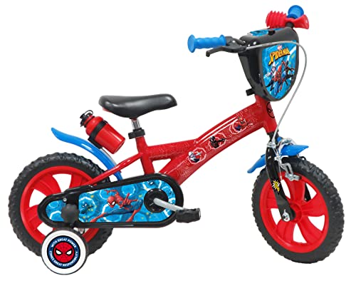 A.T.L.A.S. Bicicletta 12'' Spiderman dotata di 1 freno, piastra anteriore decorativa, parafanghi, carter e stabilizzatori.   Casco Spiderman incluso! : Sport e tempo libero