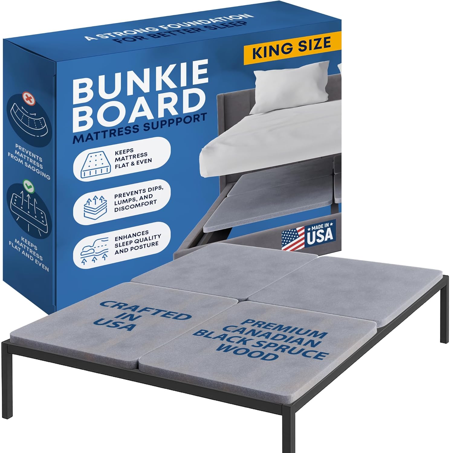 Greaton, Premium 38mm Split Wood Bunkie Board for King Size Bed - 4-Piece Under Mattress Support Board, Fully Assembled, Fabric Ventilation Cover - Replaces Wooden Slats or Box Spring for Bed Frames