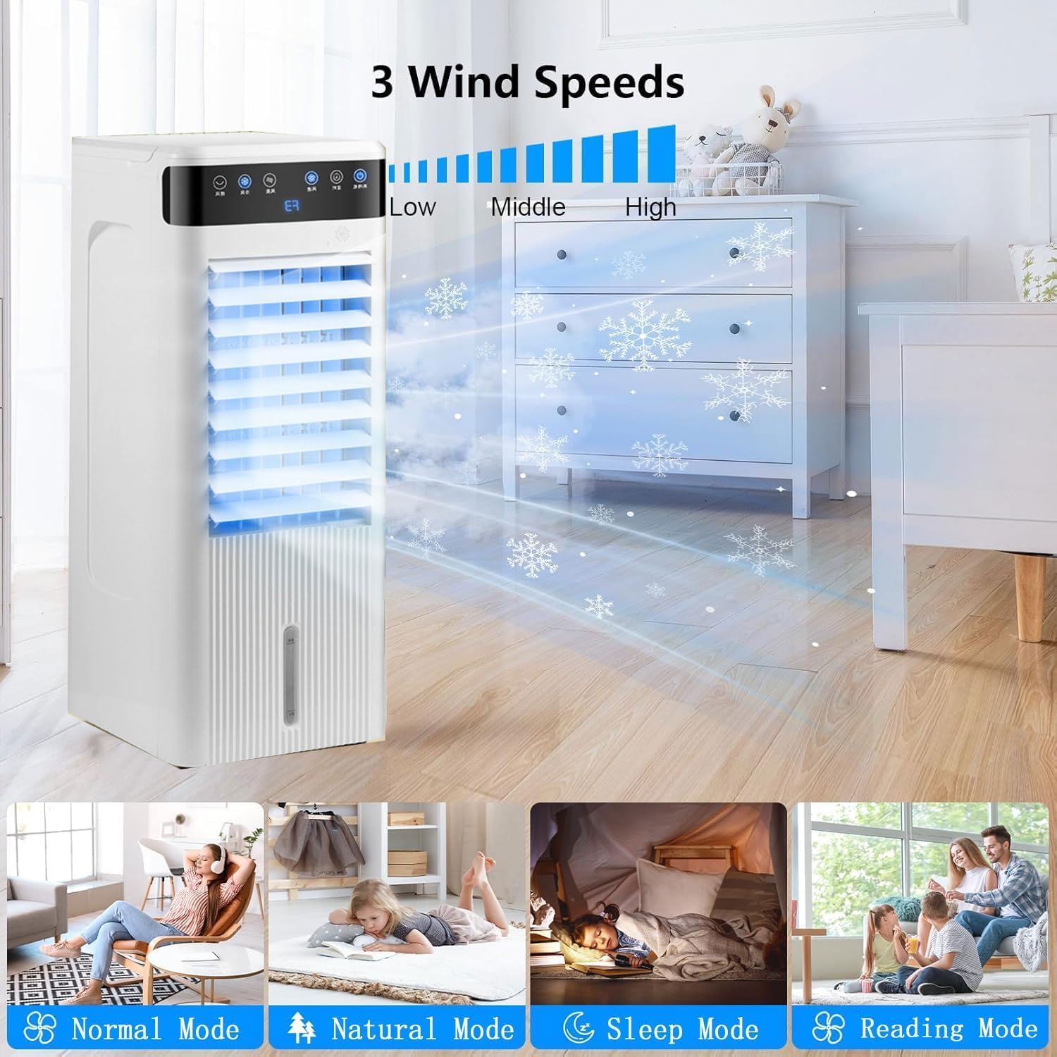 Mobiler Wassergekühlter Bodenventilator, leise oszillierende Klimaanlage mit 3 Windgeschwindigkeiten, Twin Turbolader, 4L Wassertank für Zuhause oder Büro