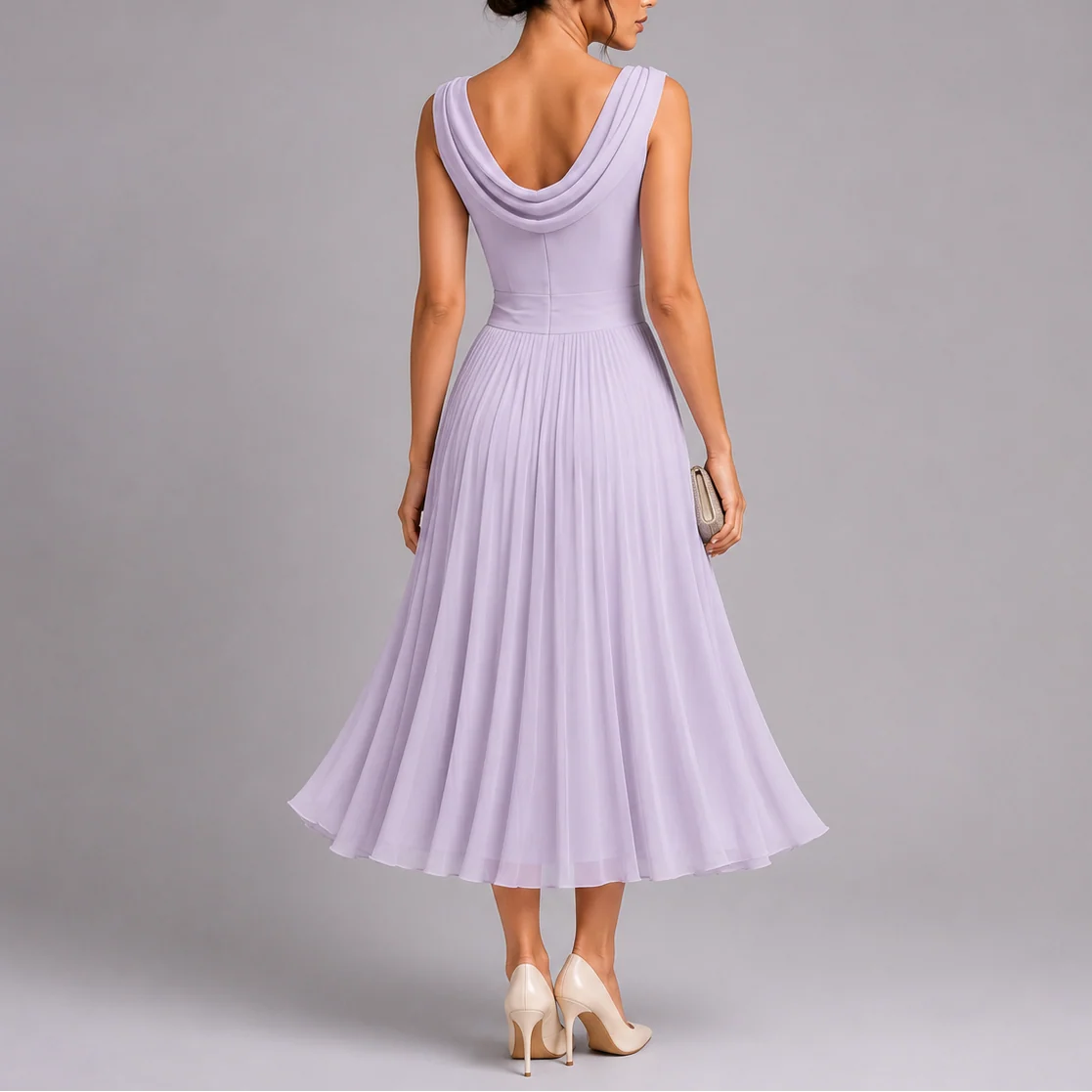 Womena??s Elegant Pleated Midi Dress with Draped Neckline