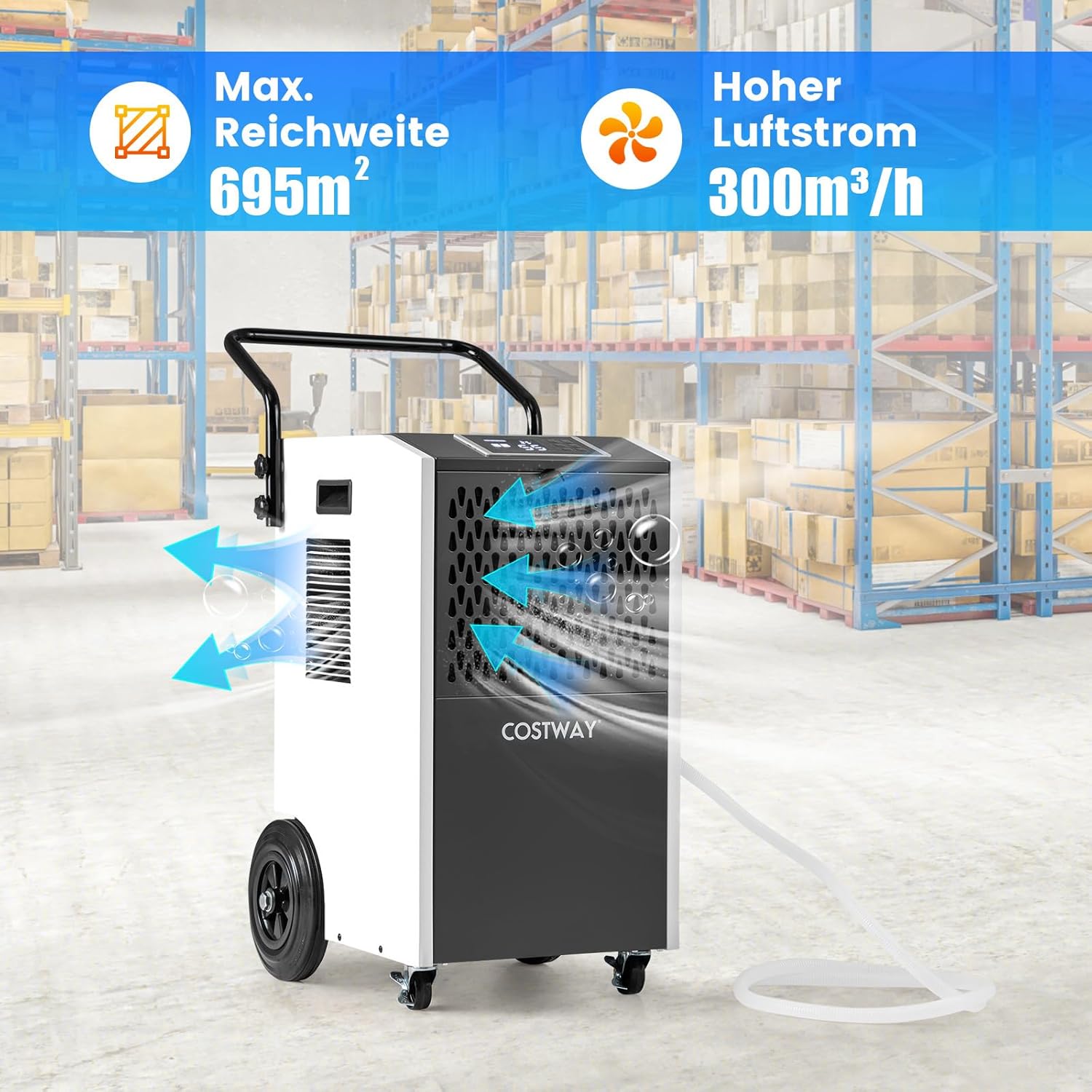 COSTWAY 73 L/Tag kommerzieller Luftentfeuchter, industrieller Bautrockner mit Ablaufschlauch & 24H Timer, tragbarer Entfeuchtungsgerät mit Rollen für Keller, Lager, Baustelle bis zu 695m³ (Weiß)