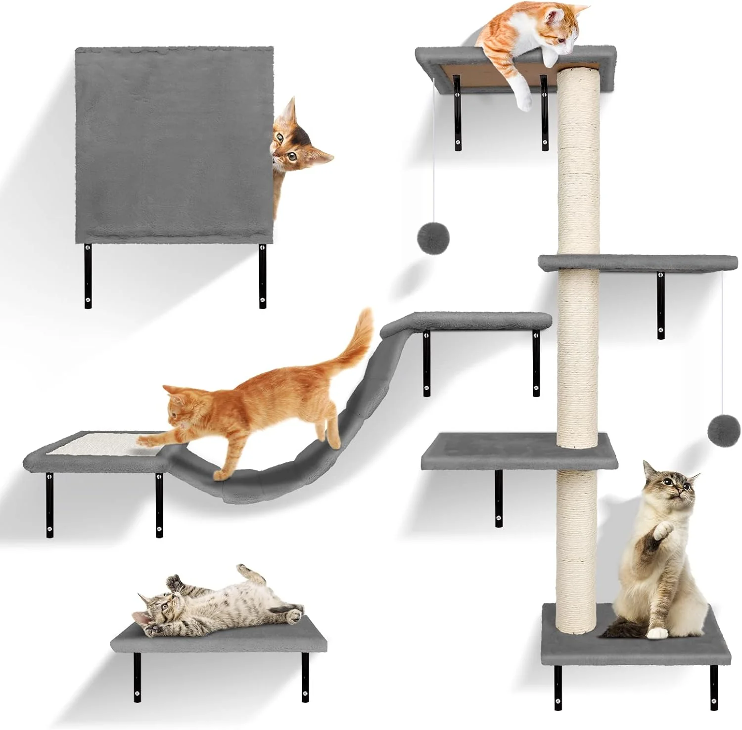 Zvonema Parete da arrampicata 10 pezzi-Amaca per gatti,Ponte sospeso con sisal antiscivolo,Tiragraffi con sisal,Riposo e mensola da parete da gioco con pallina,Parete da arrampicata per gatti fino a 10 kg