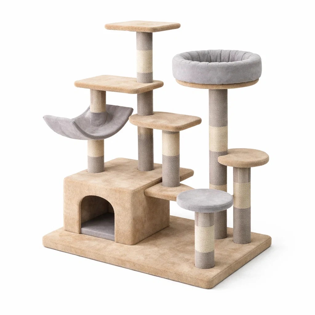 Tiragraffi in peluche e sisal beige e grigio 60x50x140 cm