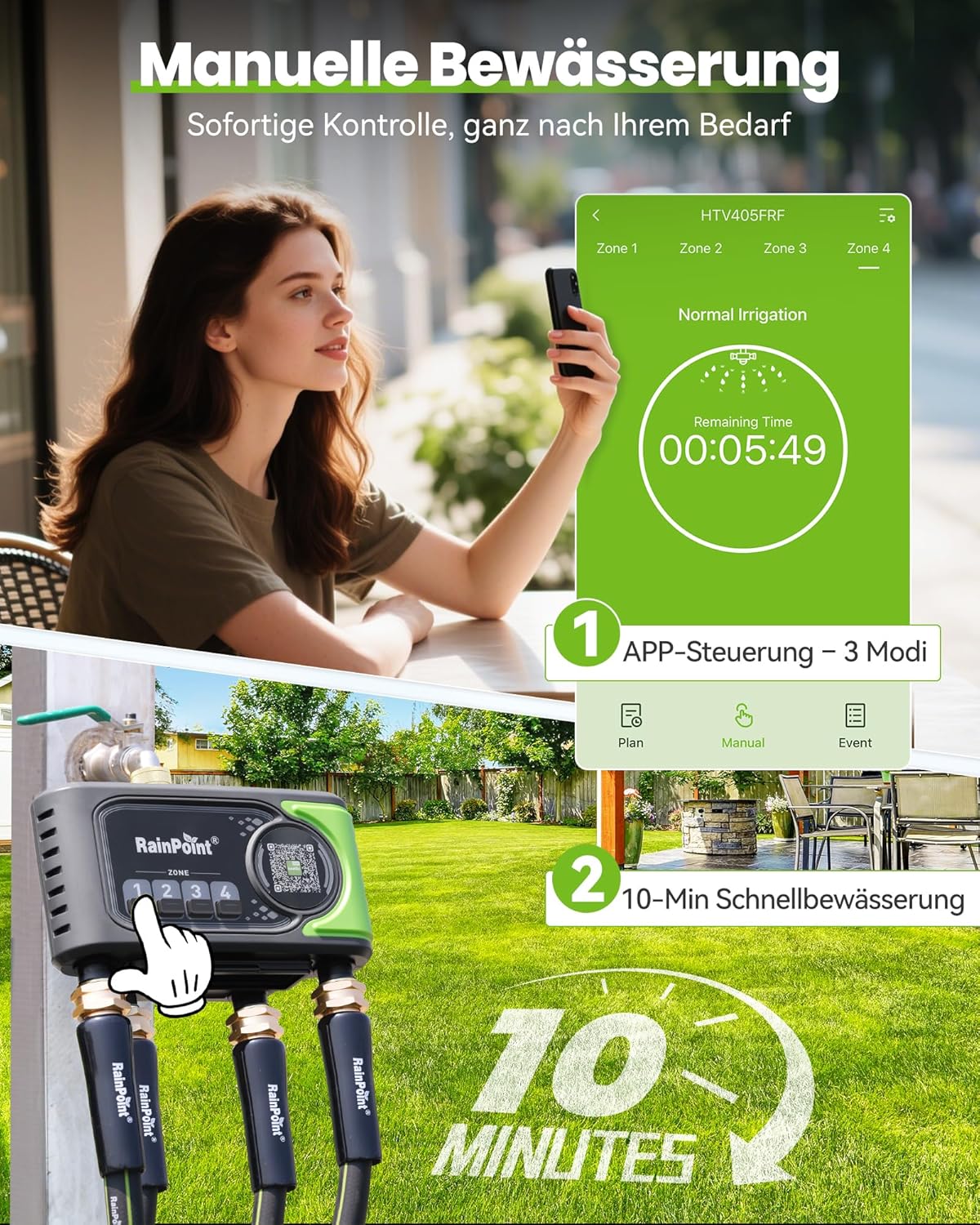 RAINPOINT Bewässerungscomputer WLAN mit 4 Ausgängen, Messing Ein- und Ausgang, Bewässerungsuhr 4 Zonen mit wetter- & bodenbasierter Steuerung, App- & Sprachsteuerung für Garten und Rasen