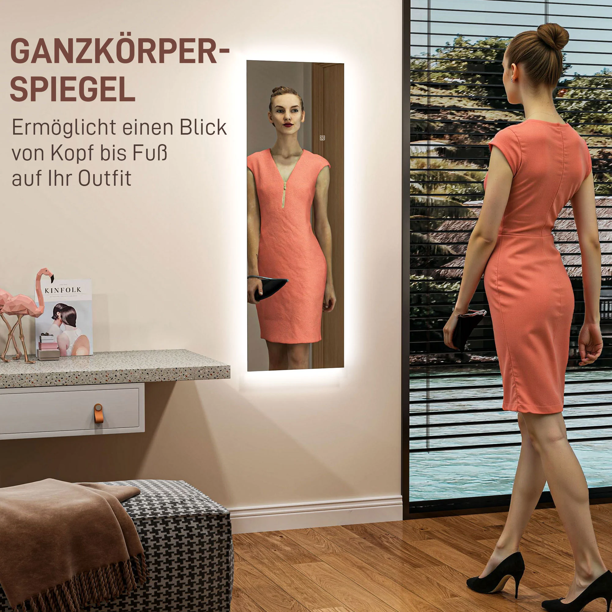 HOMCOM LED Volledige lichaamsspiegel, dimbaar, randloos, Touch-bediening, 40 x 120 cm