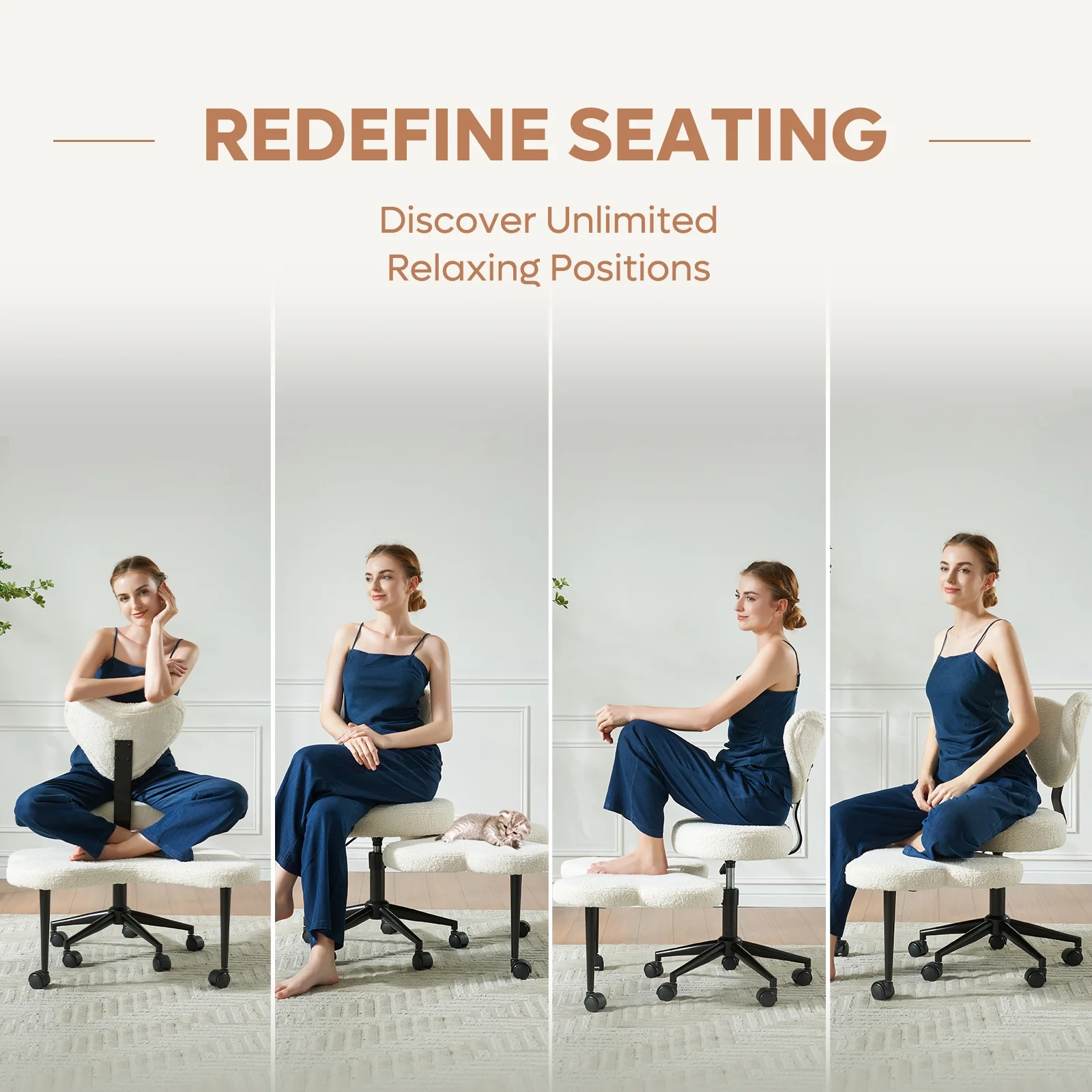 Pinmoco Ergonomic Cross Legged Swivel Chair, Adjustable Height and Teddy Fabric, Meditation& ADHD Chair with Back Support, Home and Office, Off White