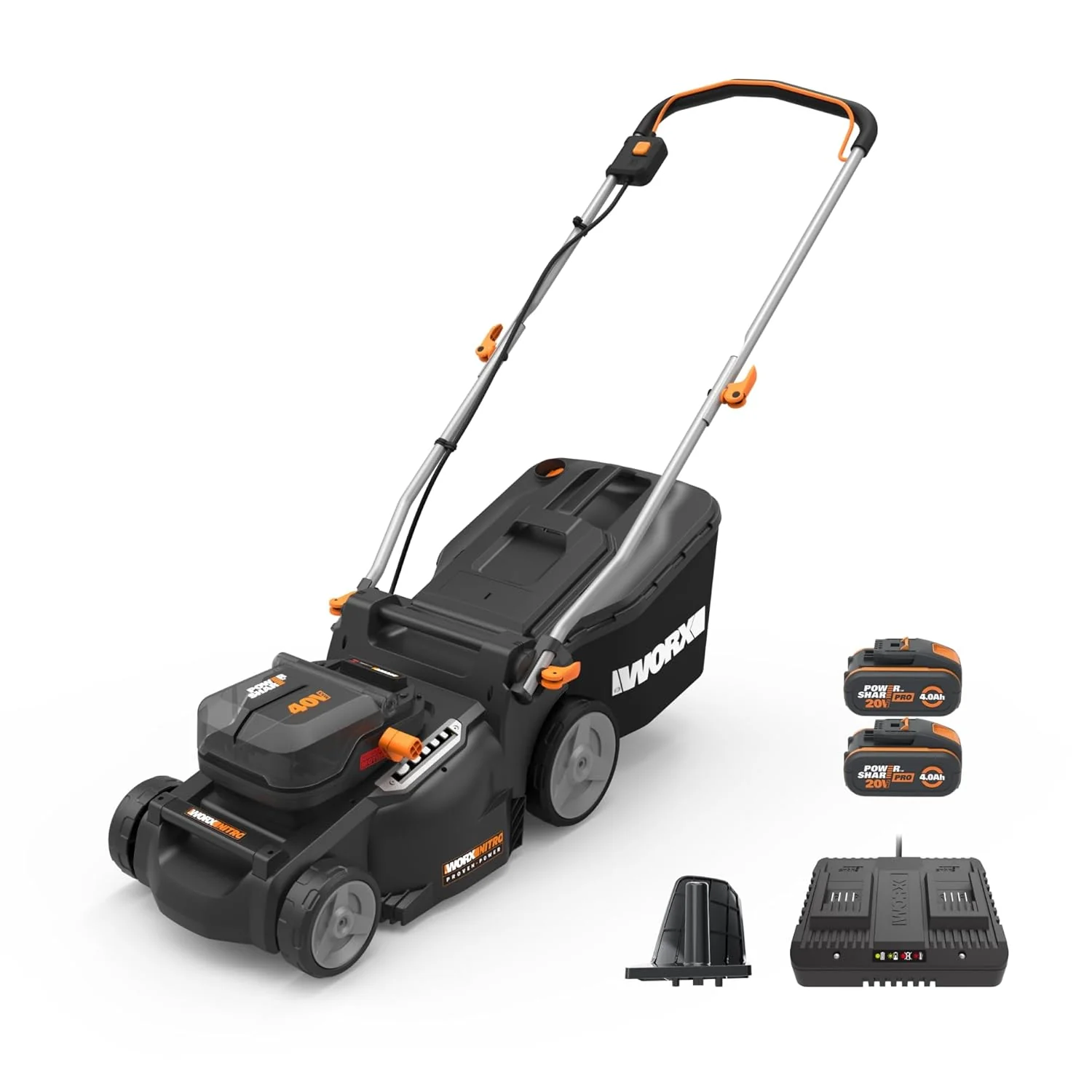 WORX WG737E Nitro Lawn Mower with Battery 40 V (2 x 20 V), Powerful Brushless Motor, Cutting Width 37 cm, 6 Levels of Cutting Height (20 – 70 mm), 40 L Grass Catcher Sack