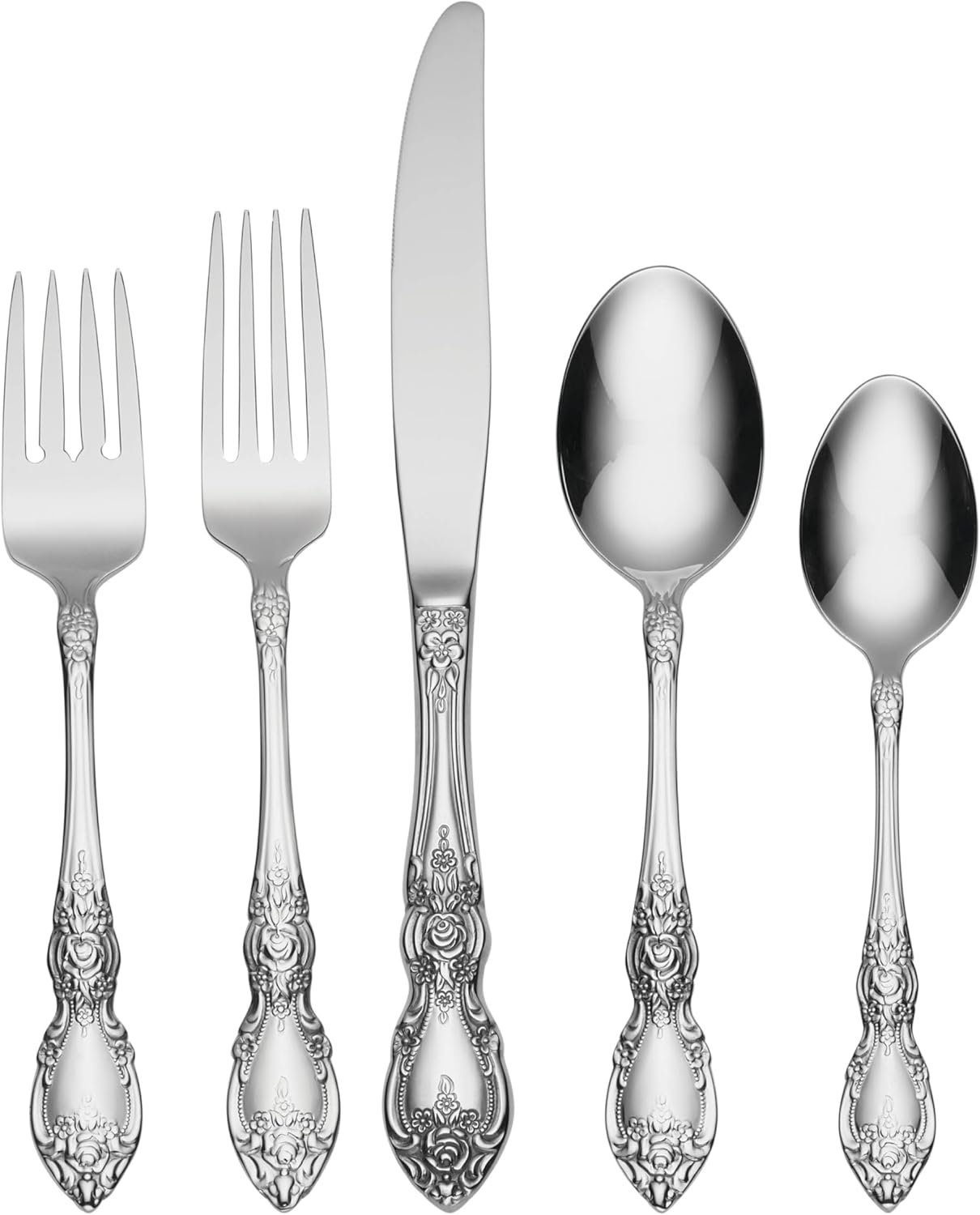 Oneida Silverware Set For 8, Wordsworth 45-Piece with Serving Utensils, Service For 8, Ornate Pattern, Mirror Finish, 18/0 Stainless Steel, Dishwasher Safe, Knives Spoons and Forks (Silver, 45 Pieces)