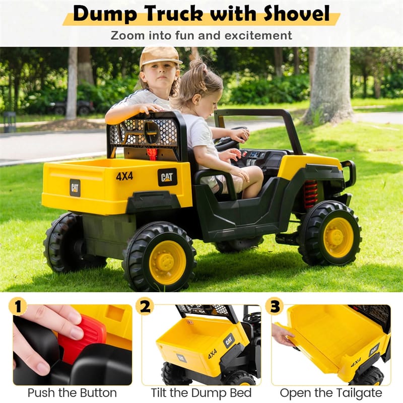 24V 4WD 2-Seater Ride on Dump Truck Licensed Caterpillar Electric Vehicle with Remote Control & Soft Start, Kids Ride On UTV Car with Dump Bed