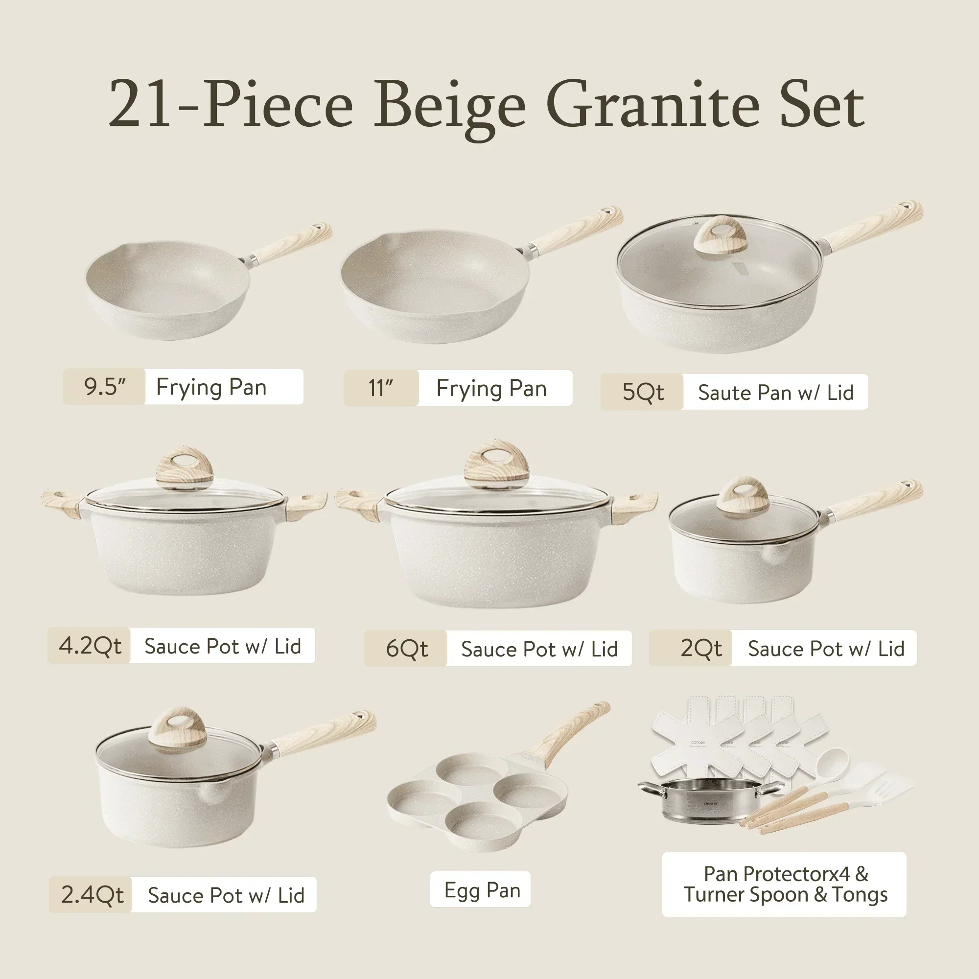 Non Stick Pots and Pans Set, 21 Pcs Induction Kitchen Cookware Sets (Beige Granite)