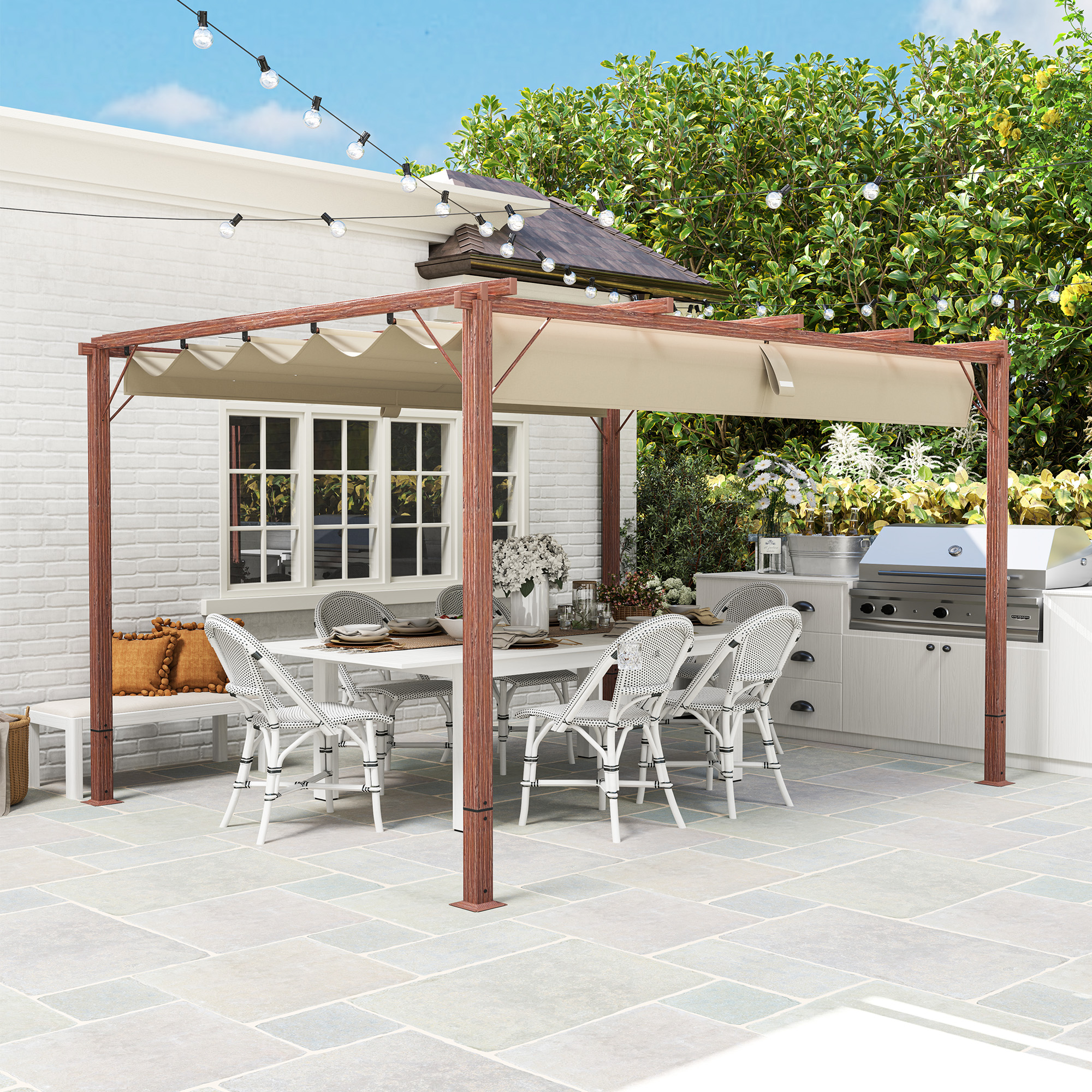 Outsunny 3 x 4 m Tuin-Pergola, Verstelbaar Terrasoverkapping, Aluminium Frame, UPF30+ Zonbescherming, Natuurhout