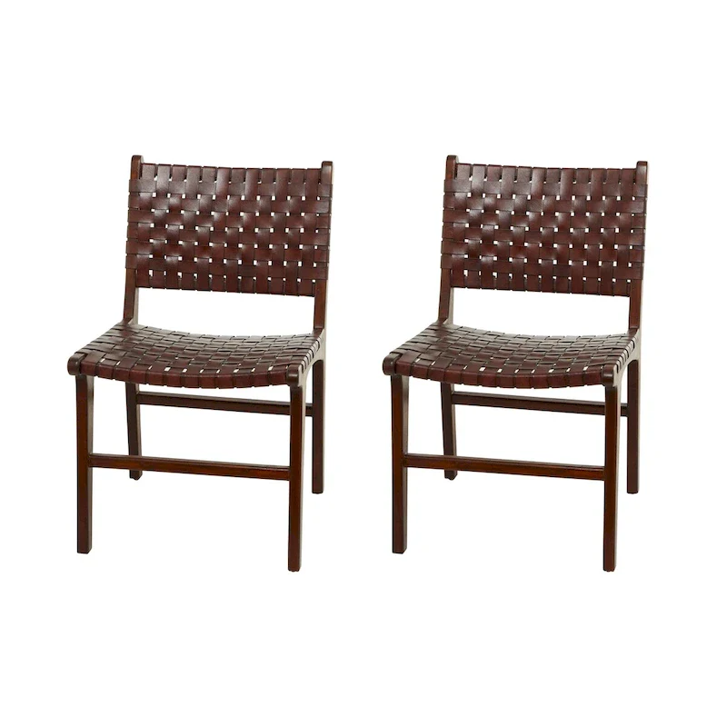 Leather Handmade Woven Dining Chair with Teak Wood Frame - Set of 2 Brown, White or Black- Roche River Decor