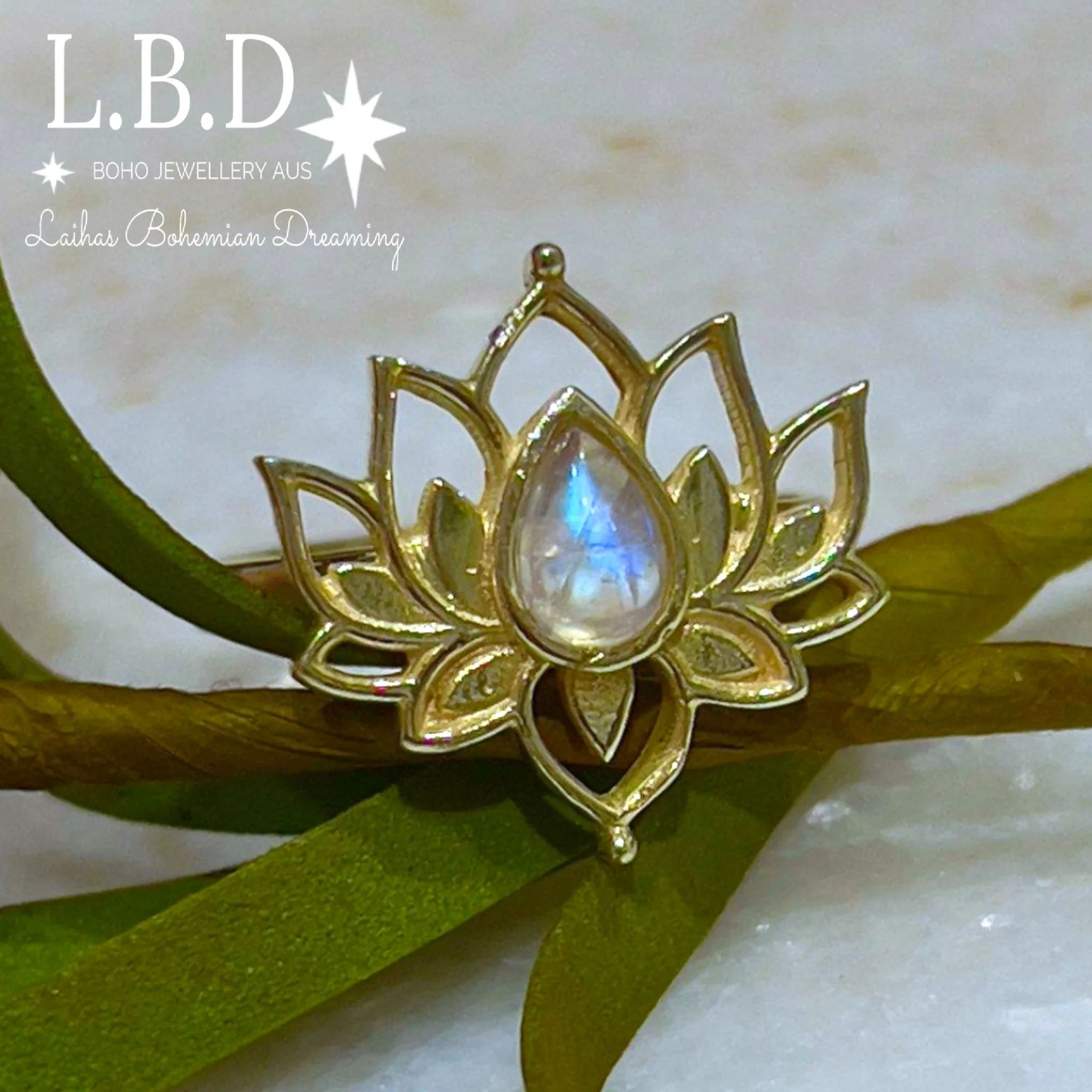 Laihas Opulent Lotus Flower Gold Moonstone Ring