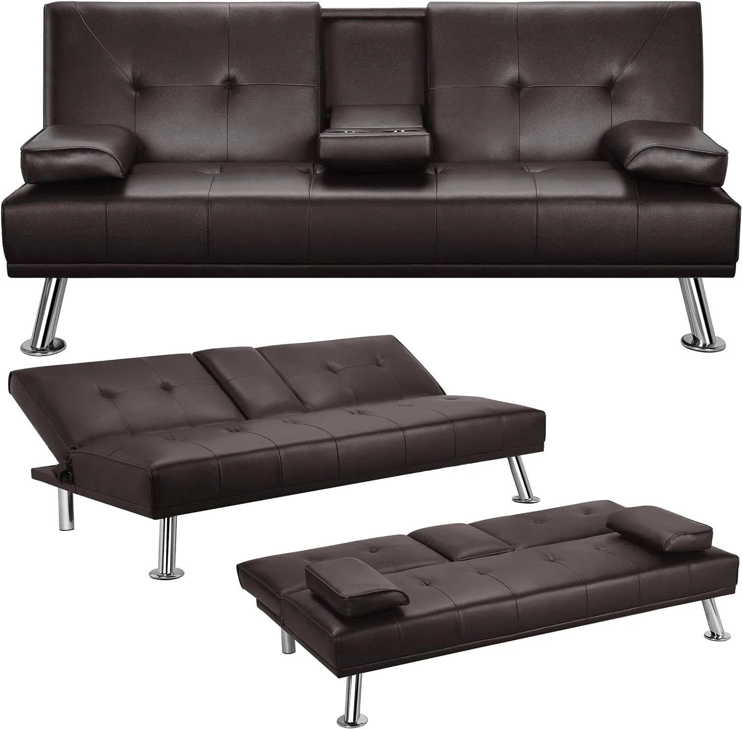 Yaheetech Convertible Sofa Bed Adjustable Couch Sleeper Modern Faux Leather Home Recliner Reversible Loveseat Folding Daybed Guest Bed, Removable Armrests, Cup Holders, 3 Angles, 772lb Capacity, Black