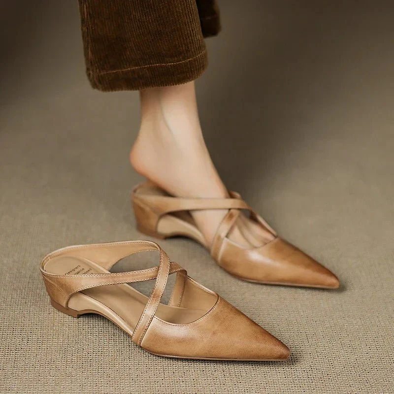Women��s Leather Mules Pointed-Toe Cross-Strap Design with Low Heel