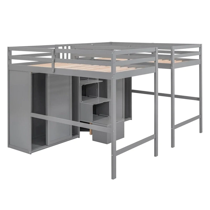 Double Twin Loft Beds with Wardrobes and Staircase