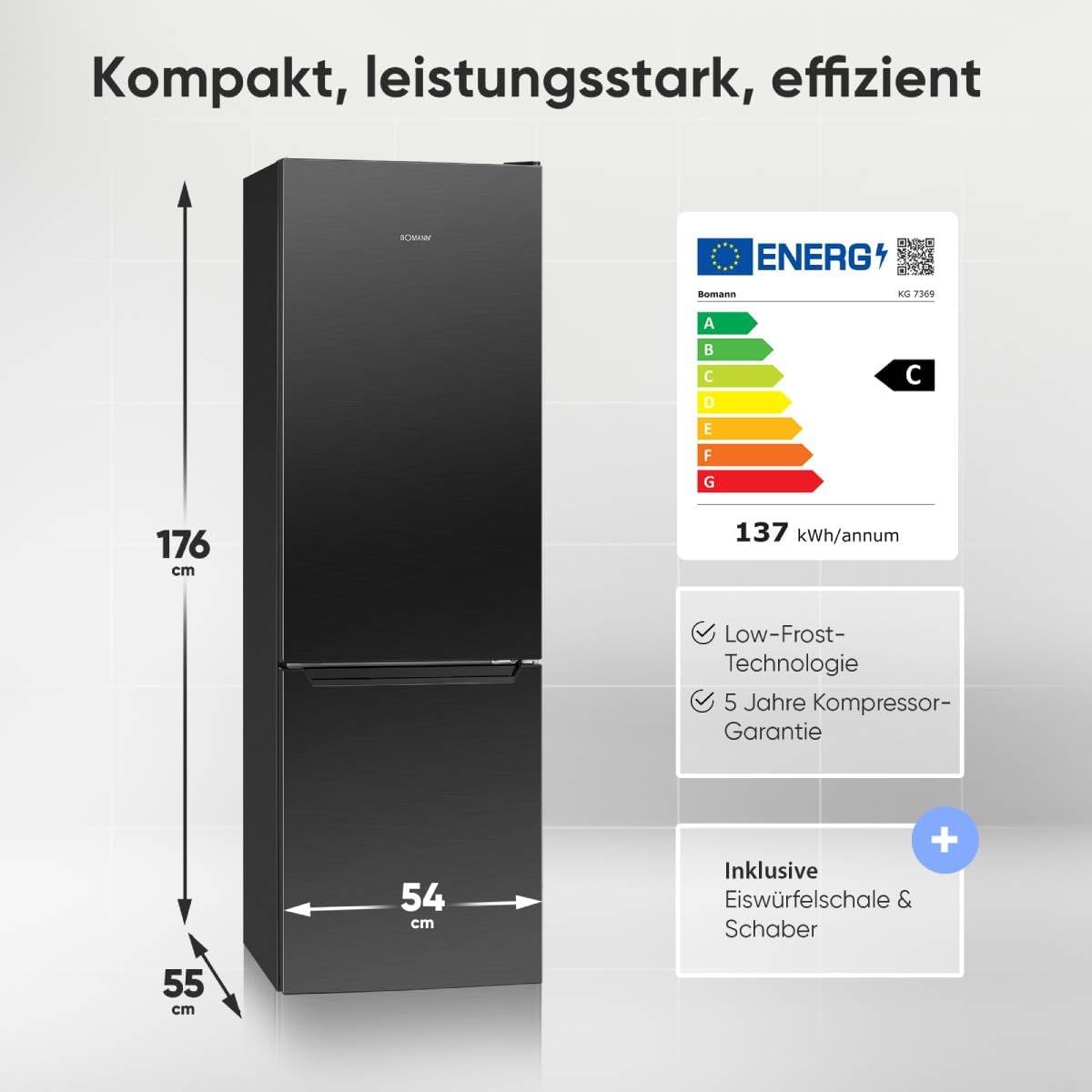Bomann® Kühlschrank mit Gefrierfach | Energieklasse C | 176cm | LowFrost | 5 Jahre Kompressor-Garantie | Kühl Gefrierkombination leise | Türanschlag wechselbar | Kühlgefrierkombi | KG 7369 schwarz