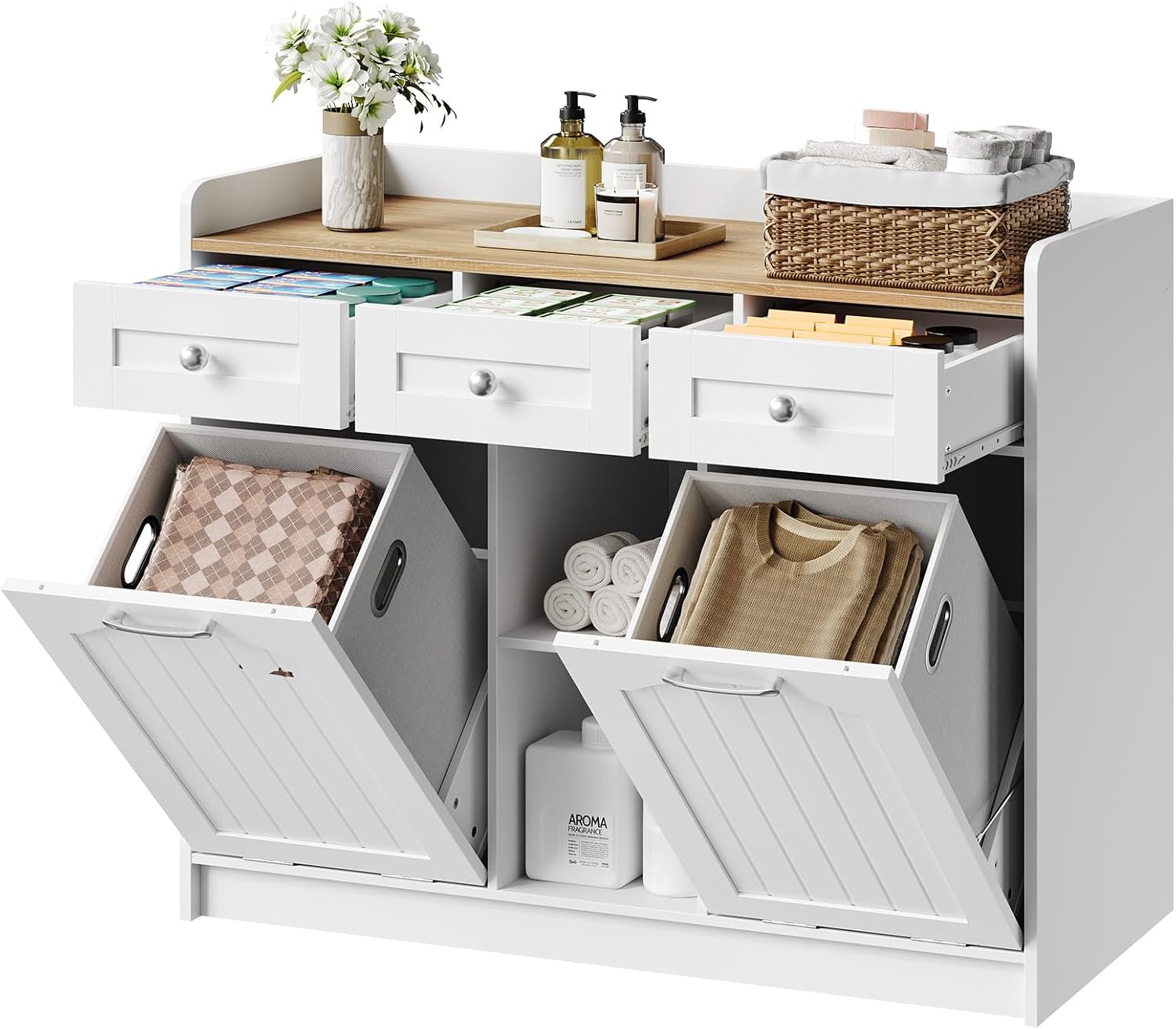 HOOBRO Laundry Cabinet with Dual Baskets and 3 Drawers, 20 Gallon Farmhouse Laundry Hamper with Shelves, Tilt Out Laundry Sorter Cabinet for Bathroom, Laundry Room, White and Walnut, WN41XY01
