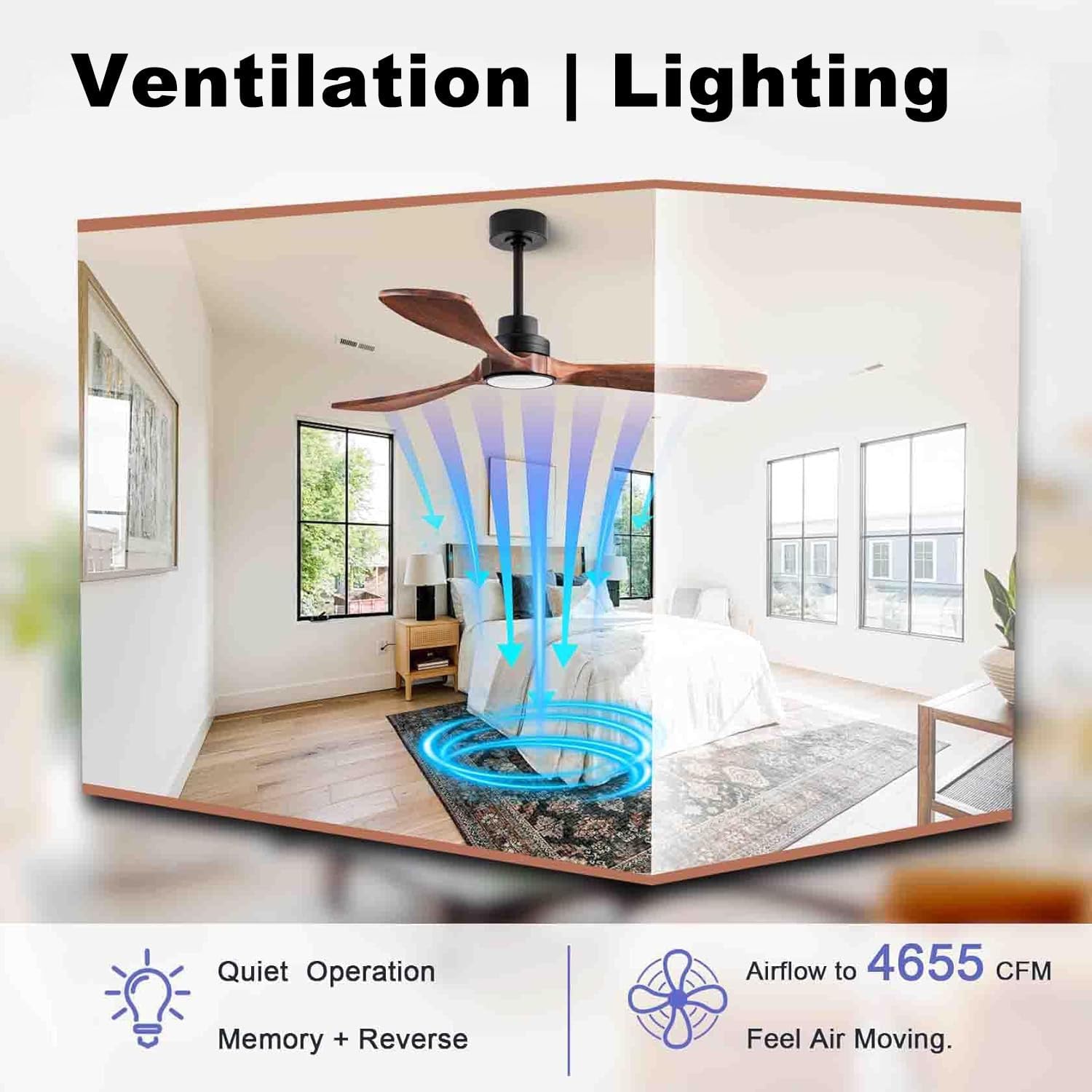 106cm Deckenventilator mit Beleuchtung und Fernbedienung, 3 Holz Flügeln, 18W LED-Licht mit Dimmfunktion (3000K, 4500K, 6500K) Leise DC Motor, 6 Geschwindigkeiten, Timer, Für Schlafzimmer Wohnzimmer