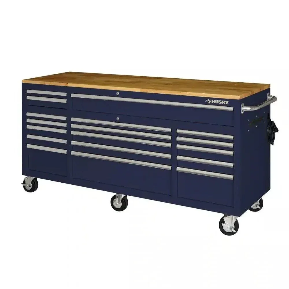 Husky 72 in. 18-Drawer Mobile Workbench with Solid Wood Top in Gloss Blue