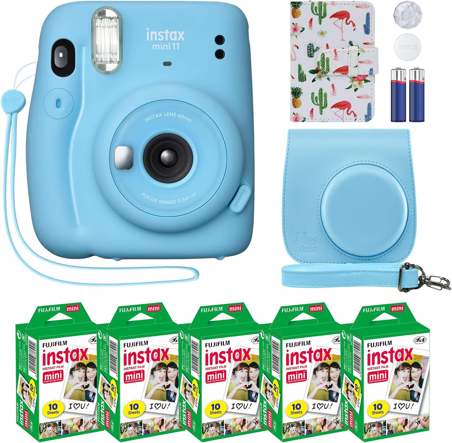 Fujifilm Instax Mini 11 Instant Camera Sky Blue + Custom Case Fuji Film Value Pack (50 Sheets) Flamingo Designer Photo Album for instax Photos