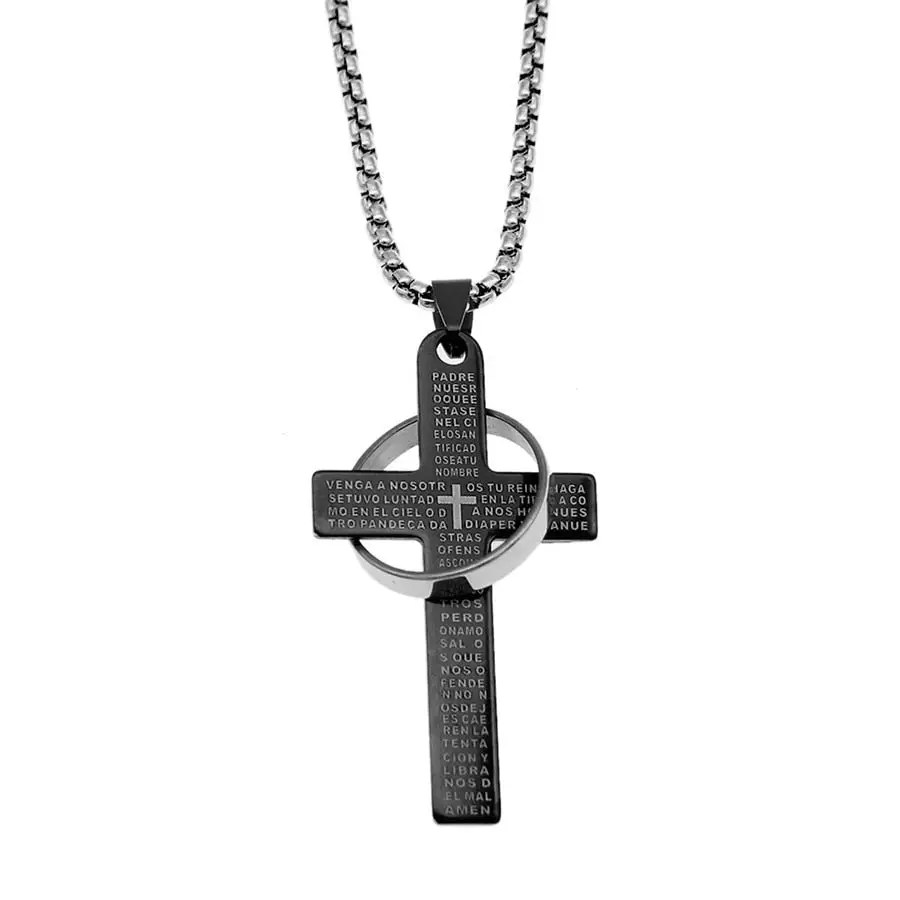 Lord's Prayer Cross Necklace with Ring Pendant | Spanish Bible Verse Cross Pendant Necklace | Mens Cross Necklace | Necklaces For Women