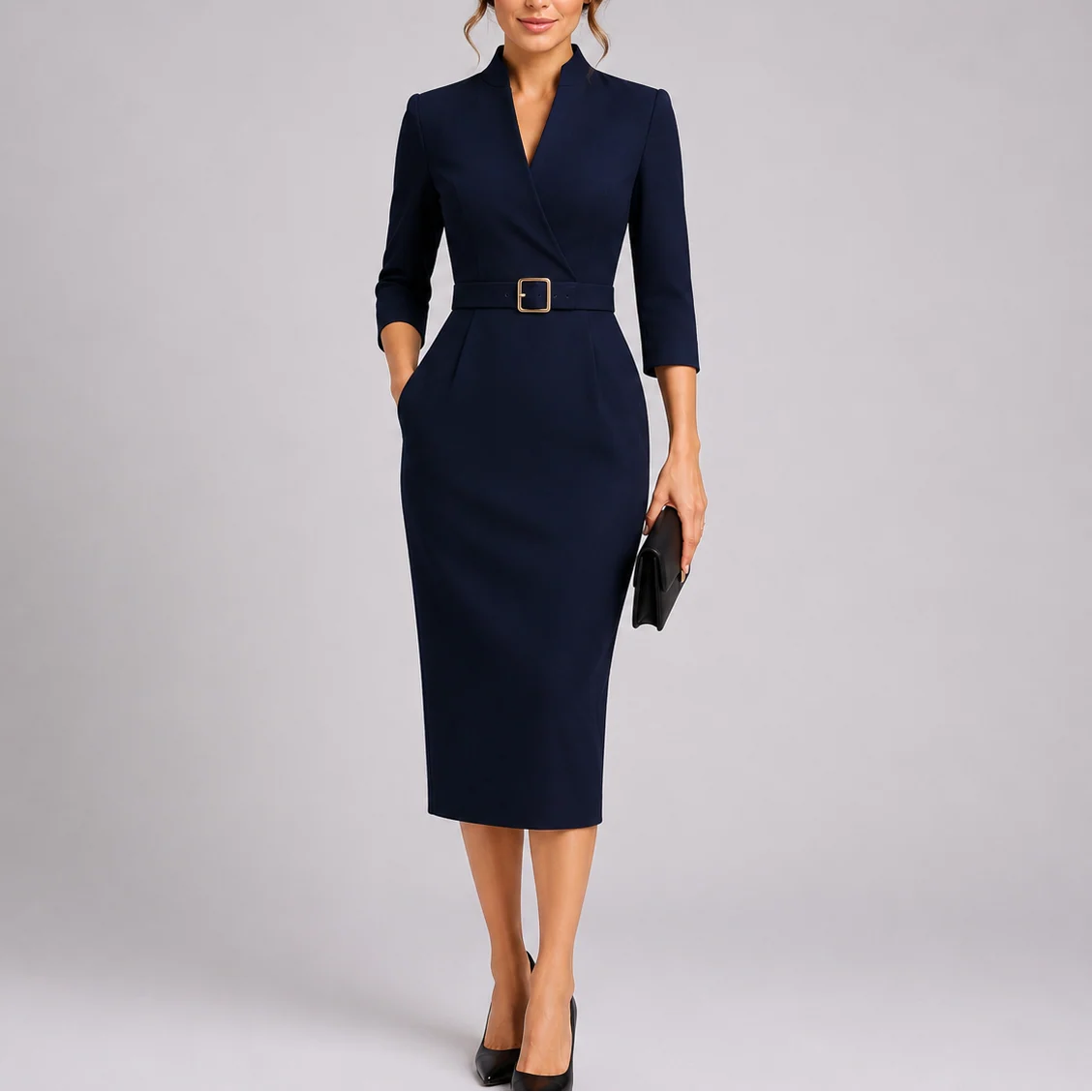 Womena??s Fitted Midi Dress with Waist Belt Elegant Tailored Design