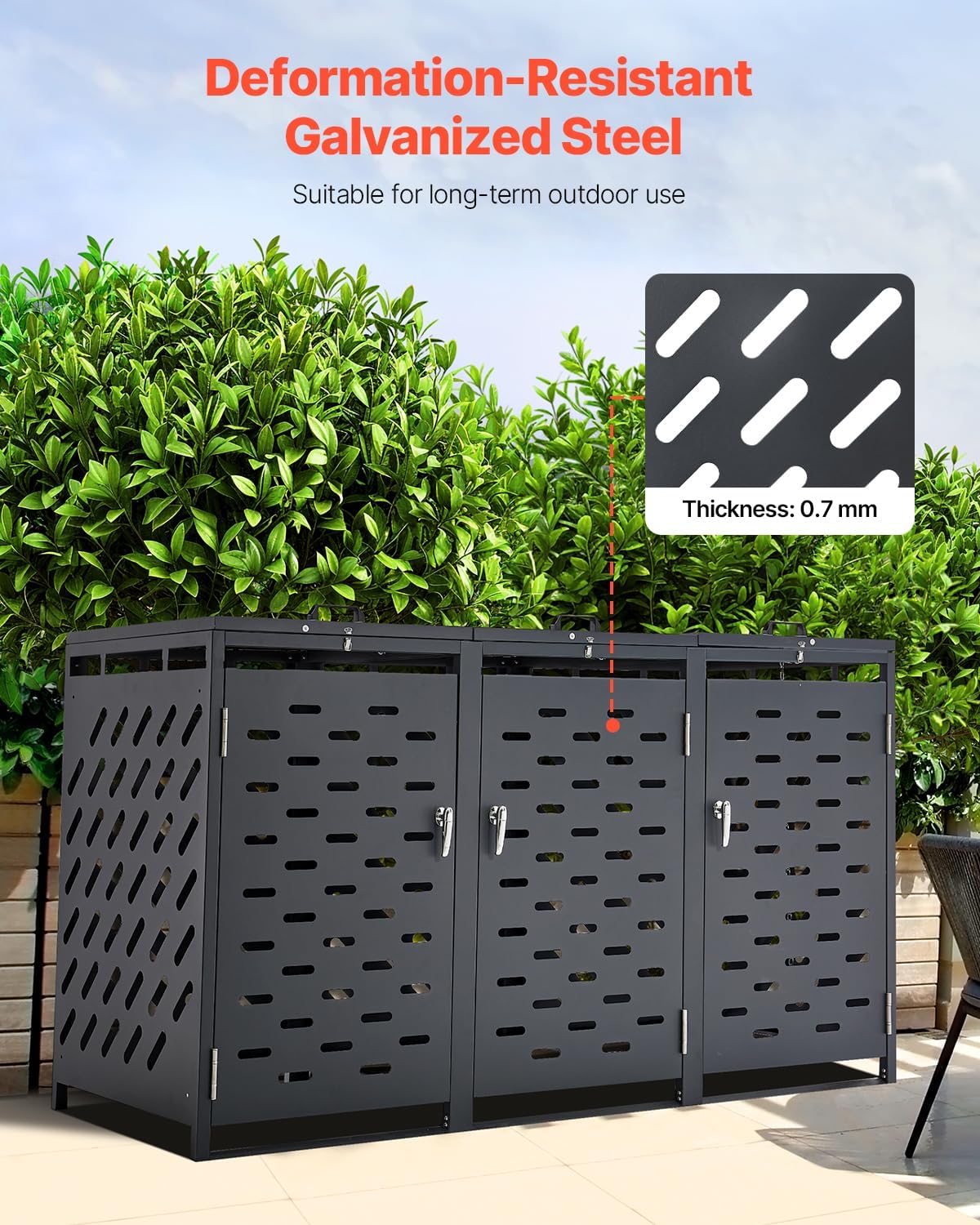 VEVOR Abri pour poubelles, 3 x 240 L, Rangement pour poubelles Horizontal, avec Couvercle à chaîne, boîte de Rangement à poubelles d'extérieur, étanche et verrouillable, pour Jardin, Cour et terrasse