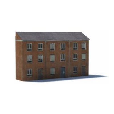 Background Terrace House (brown brick, 15 windows, gray sloped roof)