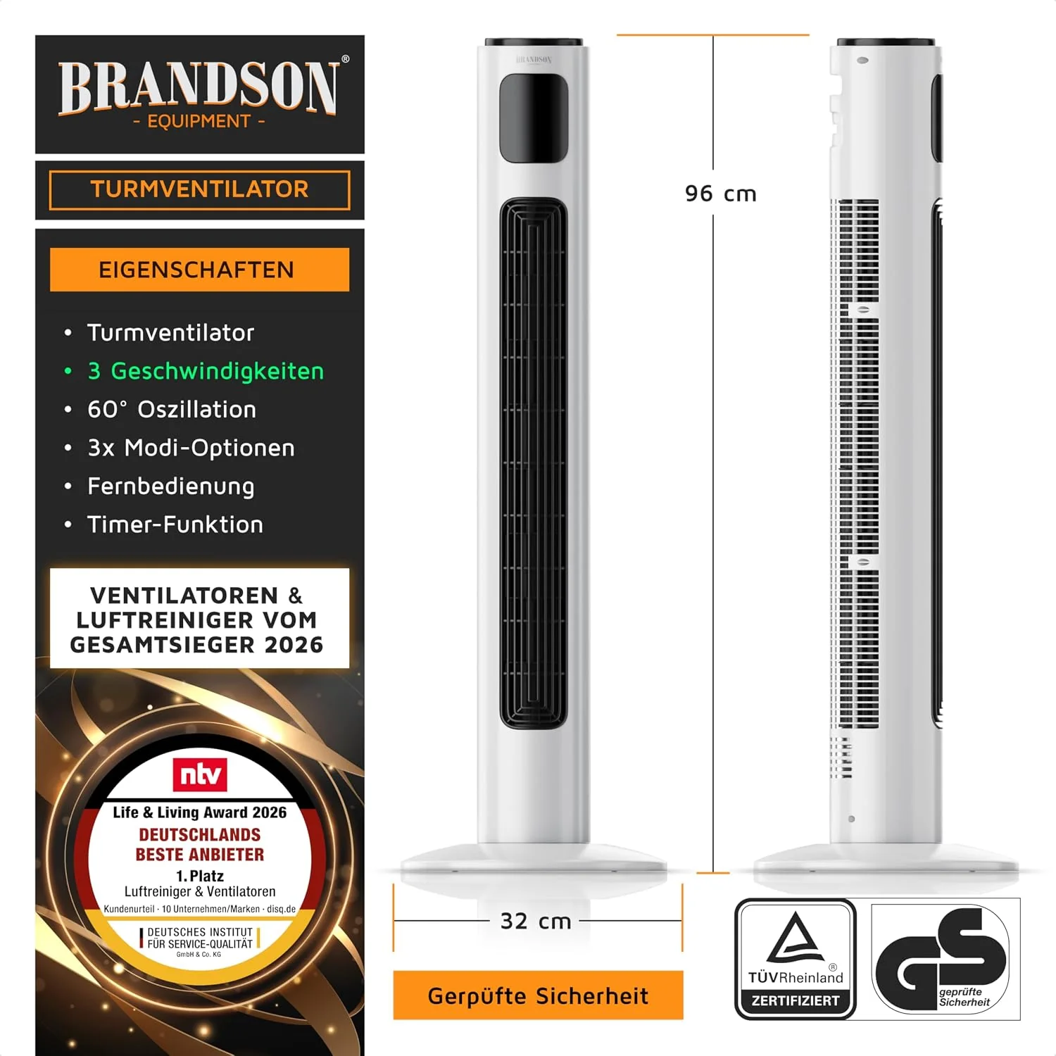 Brandson – Oszlopventilátor távirányítóval, 96 cm – 2026-os díjnyertes termék – Csendes, mobil ventilátor – Oszcilláló állóventilátor – 3 sebességfokozat, 3 üzemmód – Időzítő – Ventilátor – GS – Gyöngyházfehér