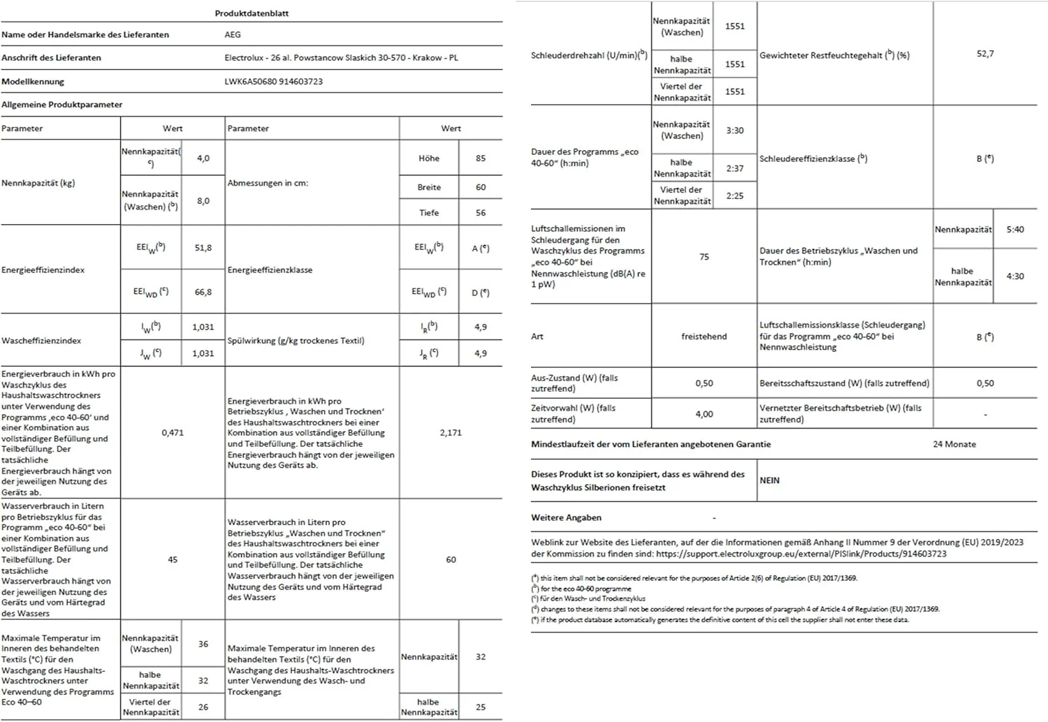 AEG L7WBA60680 Waschtrockner / DualSense - schonende Pflege / 8 kg Waschen / 5 kg Trocknen / D / energiesparend / Mengenautomatik / Nachlegefunktion / ProSteam - Auffrischfunktion / 1600 U/min Weiß