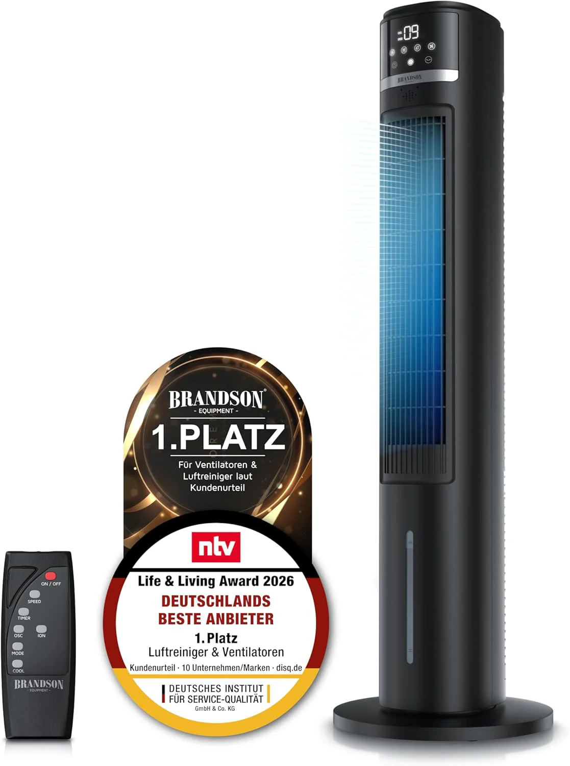 Brandson – mobil léghűtő vízhűtéssel, ECO kivitelben – extra csendes DC motor – 60% energiamegtakarítás – A ventilátorok és léghűtők 2026-os győztese – oszlopventilátor – oszcilláció – ion funkció