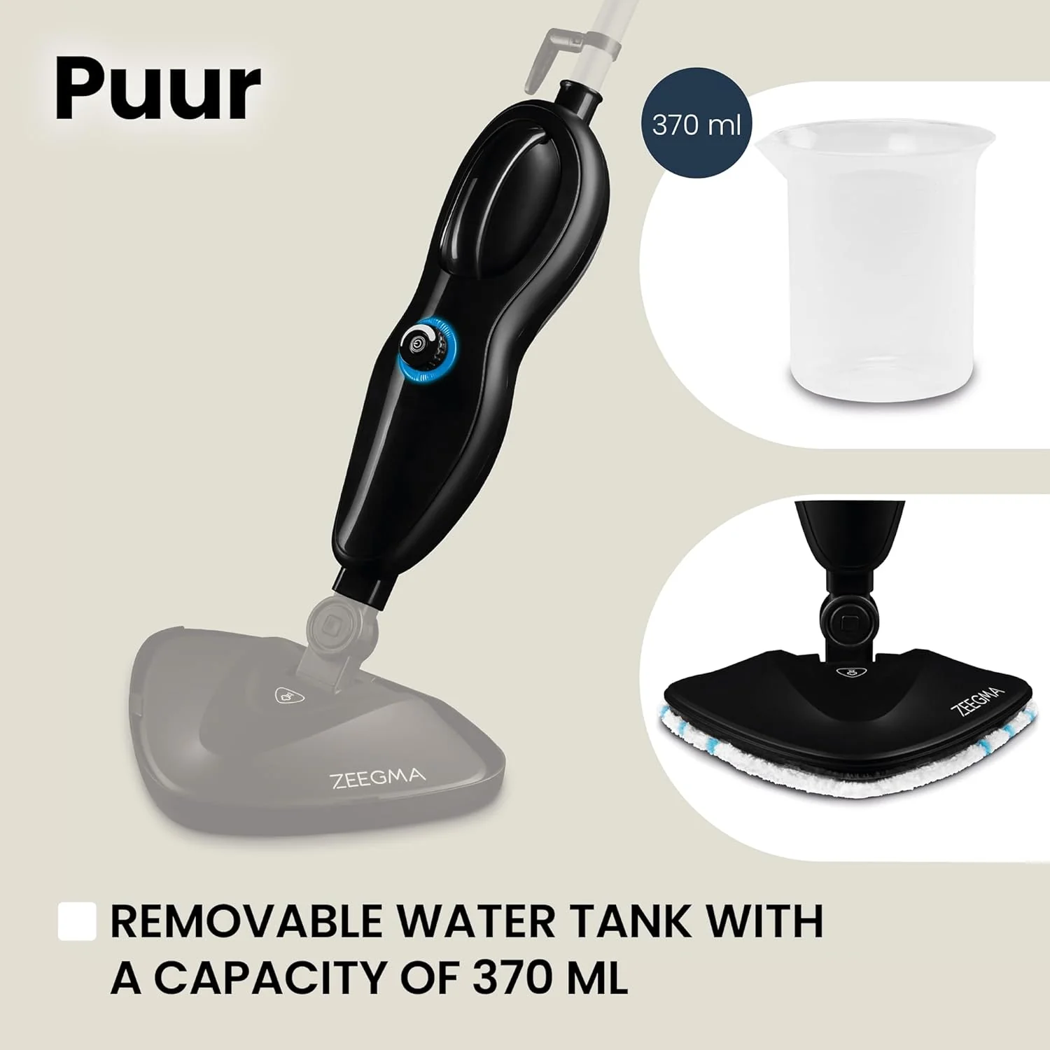 Zeegma PUUR Pulitore a Vapore, Pulizia Senza Prodotti Chimici, Pronto all'Uso in 25 Secondi, 7 Accessori Diversi, 2 Filtri per l'Acqua, Lunghezza Cavo 5m, Potenza 1500 W
