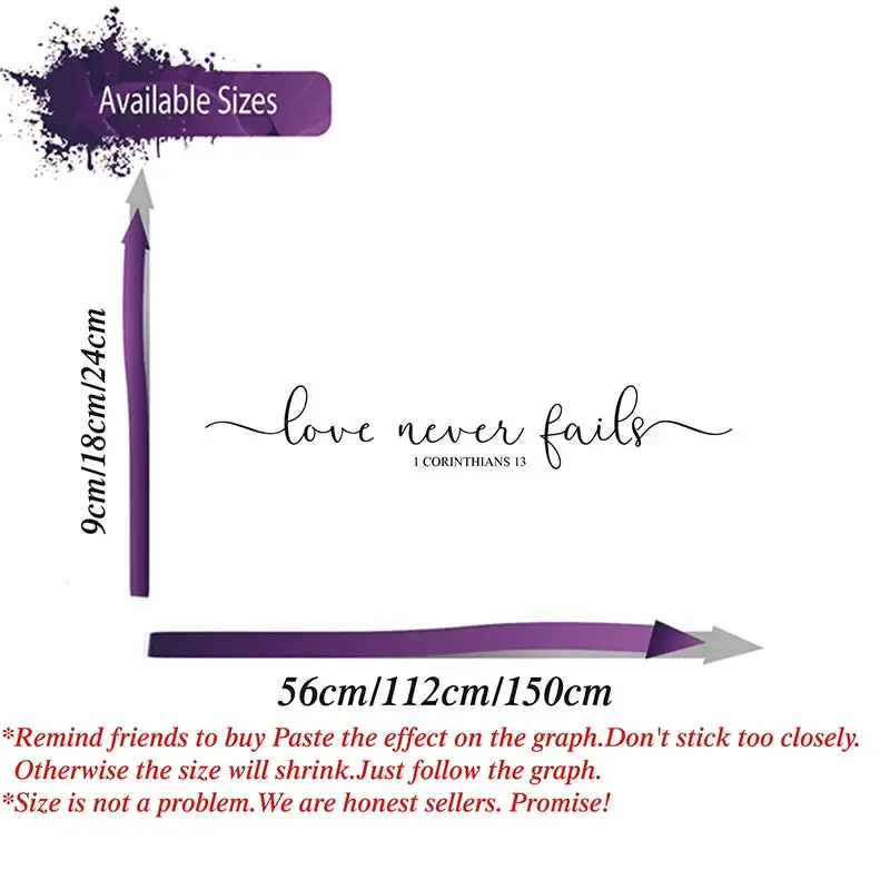 Love Never Fails Bedroom Living Room Vinyl Scripture Wall Decal for just Married or Couple | Wedding Gift