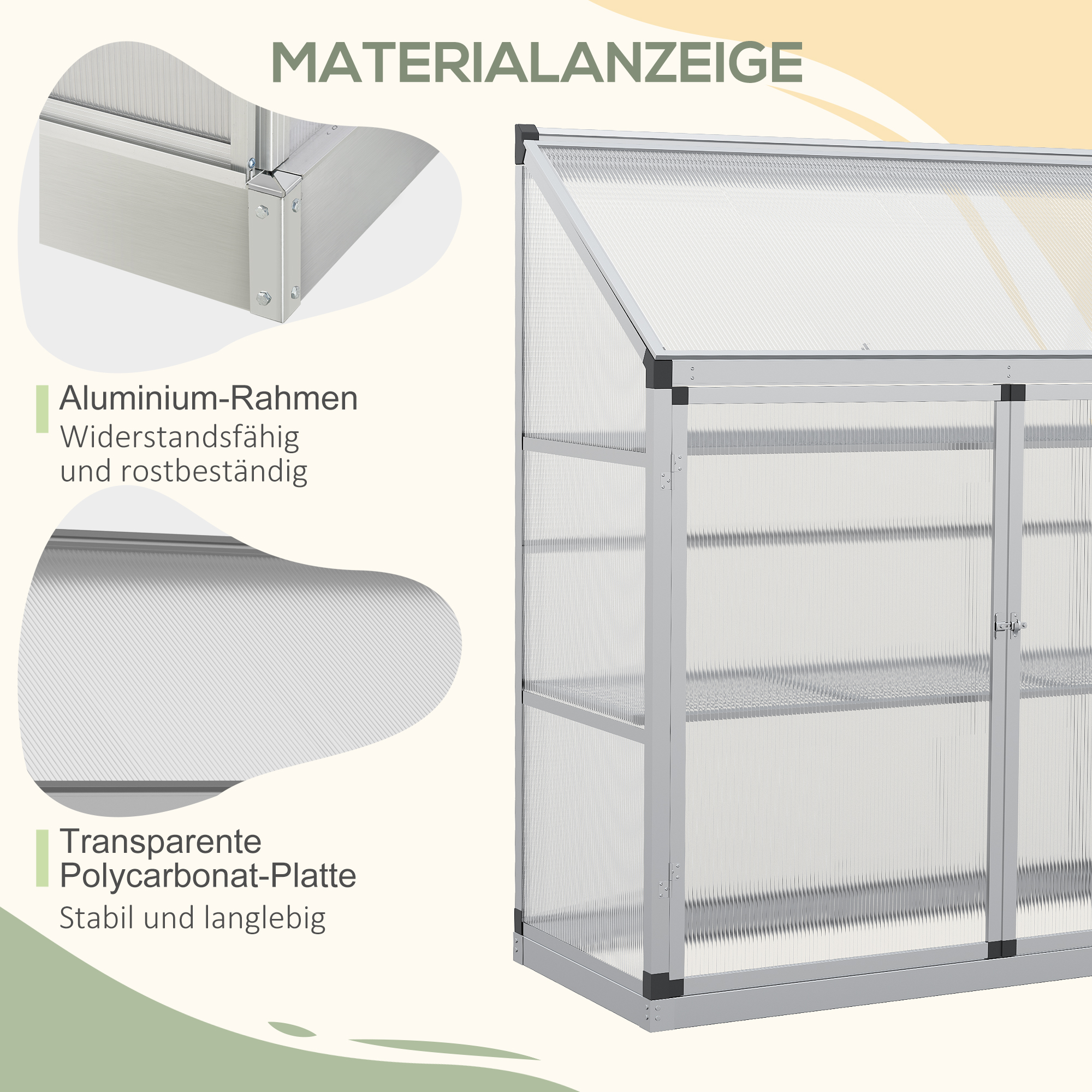 Outsunny serre met funderingsframe, behuizing van polycarbonaat, 2 planken, aluminium frame, 131 x 58 x 139,5 cm