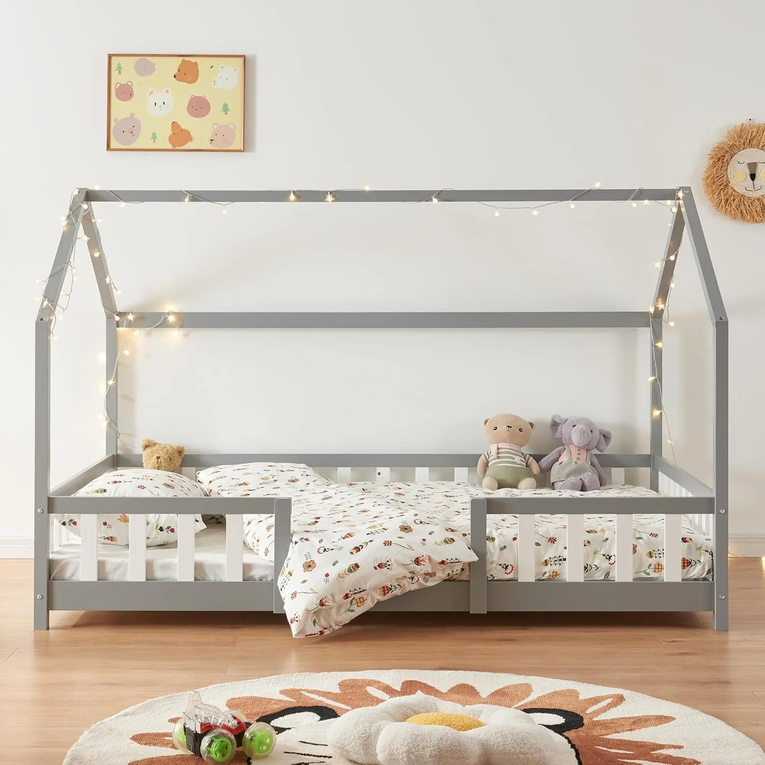 [en.casa] Letto per bambini Sisimiut a capanna 80 x 160 cm con protezione anticaduta letto in legno per bambini letto a terra rete a doghe in legno di pino Bianco opaco