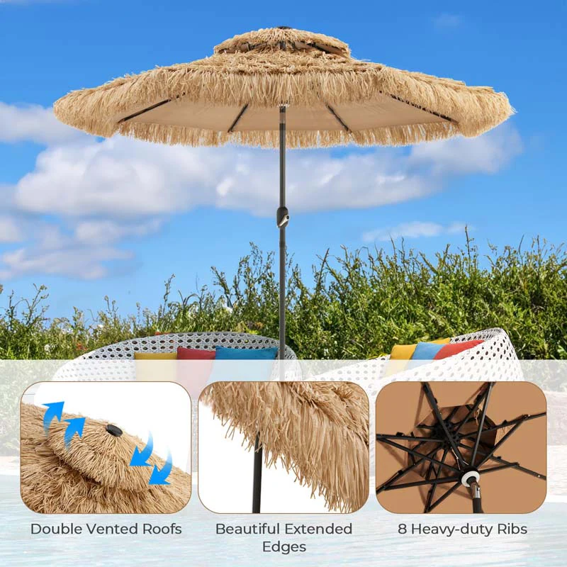 9FT Thatched Tiki Patio Umbrella with 33 Solar LED Lights, Hawaiian Style 2-Tier Hula Beach Umbrella with Tilt & Crank for Pool, Backyard, Garden