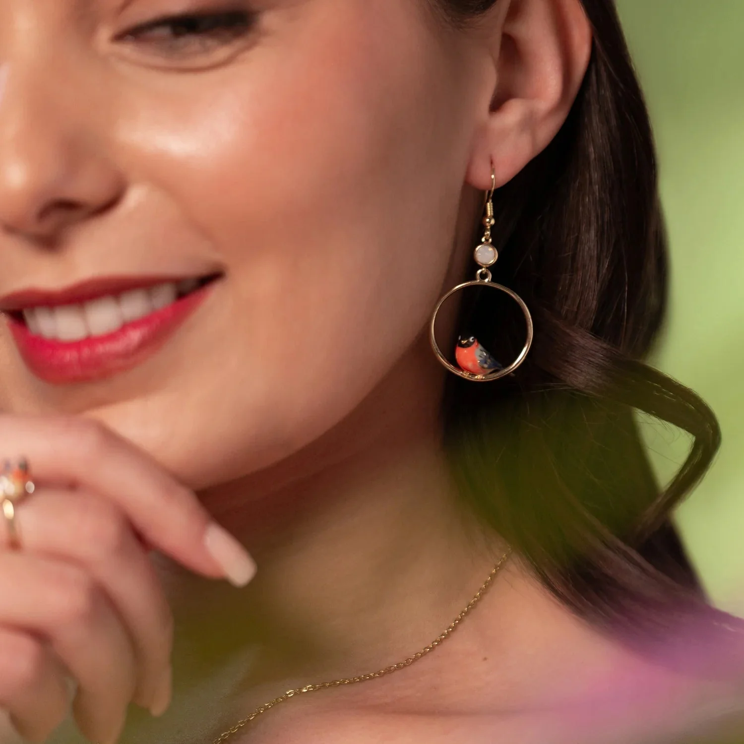 Bullfinch Front Facing Enamel Hoop Earrings