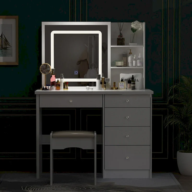 White Makeup Vanity Set with LED Mirror and Stool - 39.4