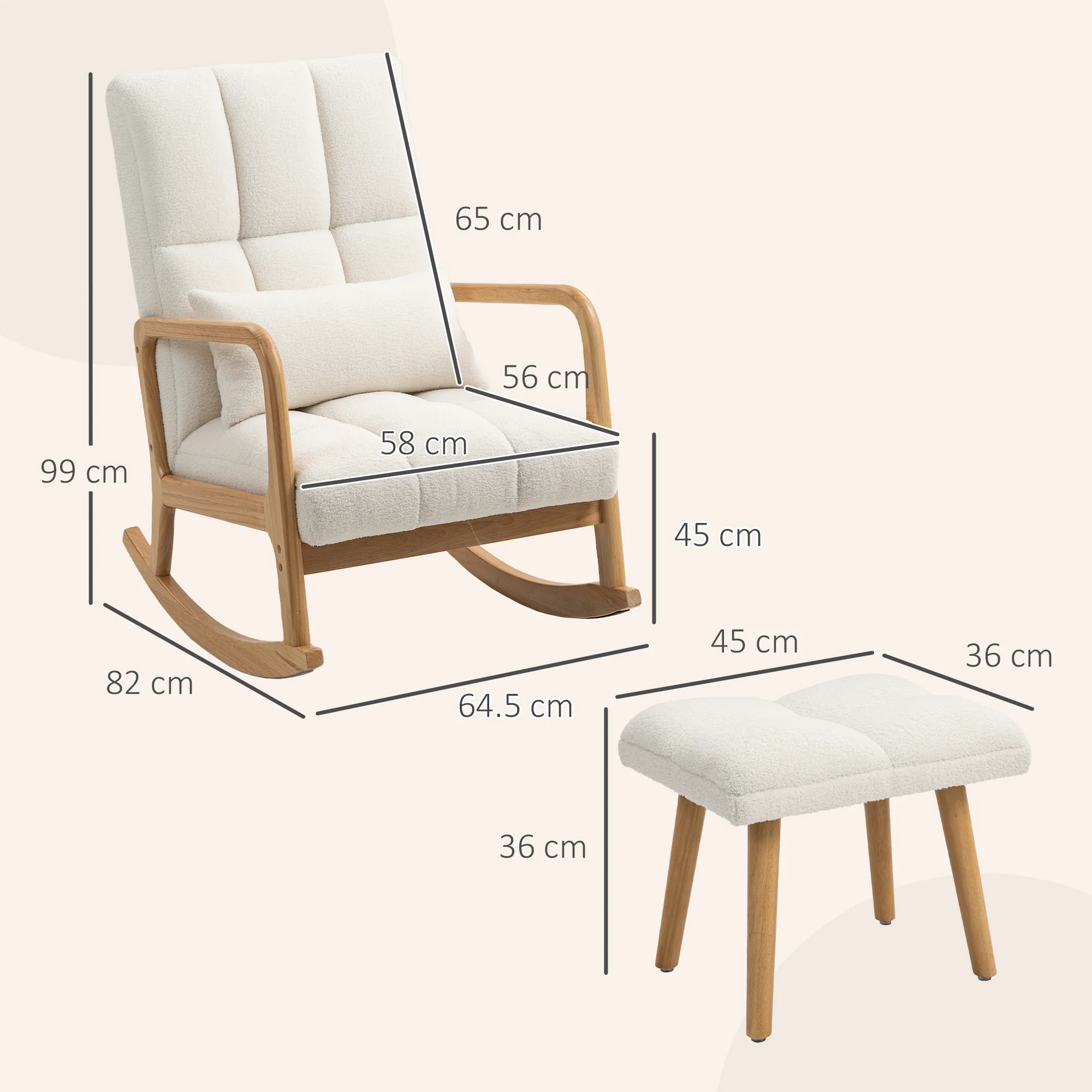 HOMCOM Schommelstoel met Voetensteun, Fleece-Bekleding, Hoge Rugleuning, Houten Poten, Voetpads, Wit
