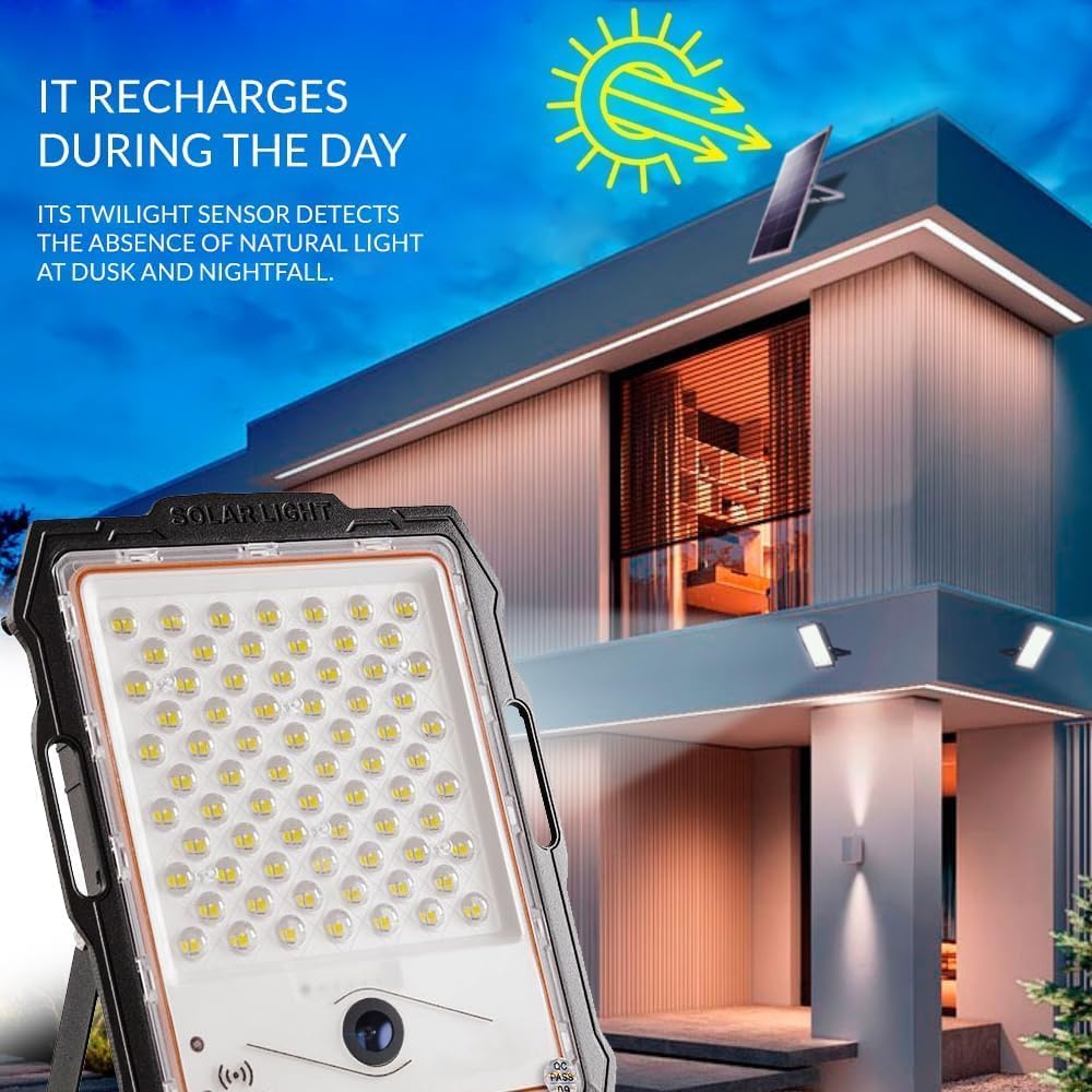 M Ledme - LED-Solarstrahler mit Jeff Kamera 300 W, kaltes Licht (6000 K), Bewegungs-/Dämmerungssensor, 1080P, wasserdicht IP67, 2900 lm, Fernbedienung mit App, für Terrasse, Garten, Straße