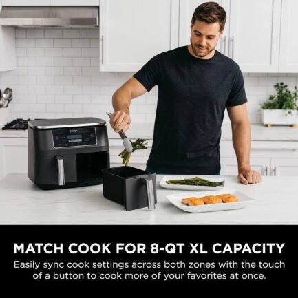 2 INDEPENDENT BASKETS: The original Air Fryer with 2 independent baskets, the XL air fryer lets you cook 2 foods, 2 ways, at the same time, eliminating back-to-back cooking like a traditional single-basket air fryer. SMART FINISH & MATCH COOK: DualZo