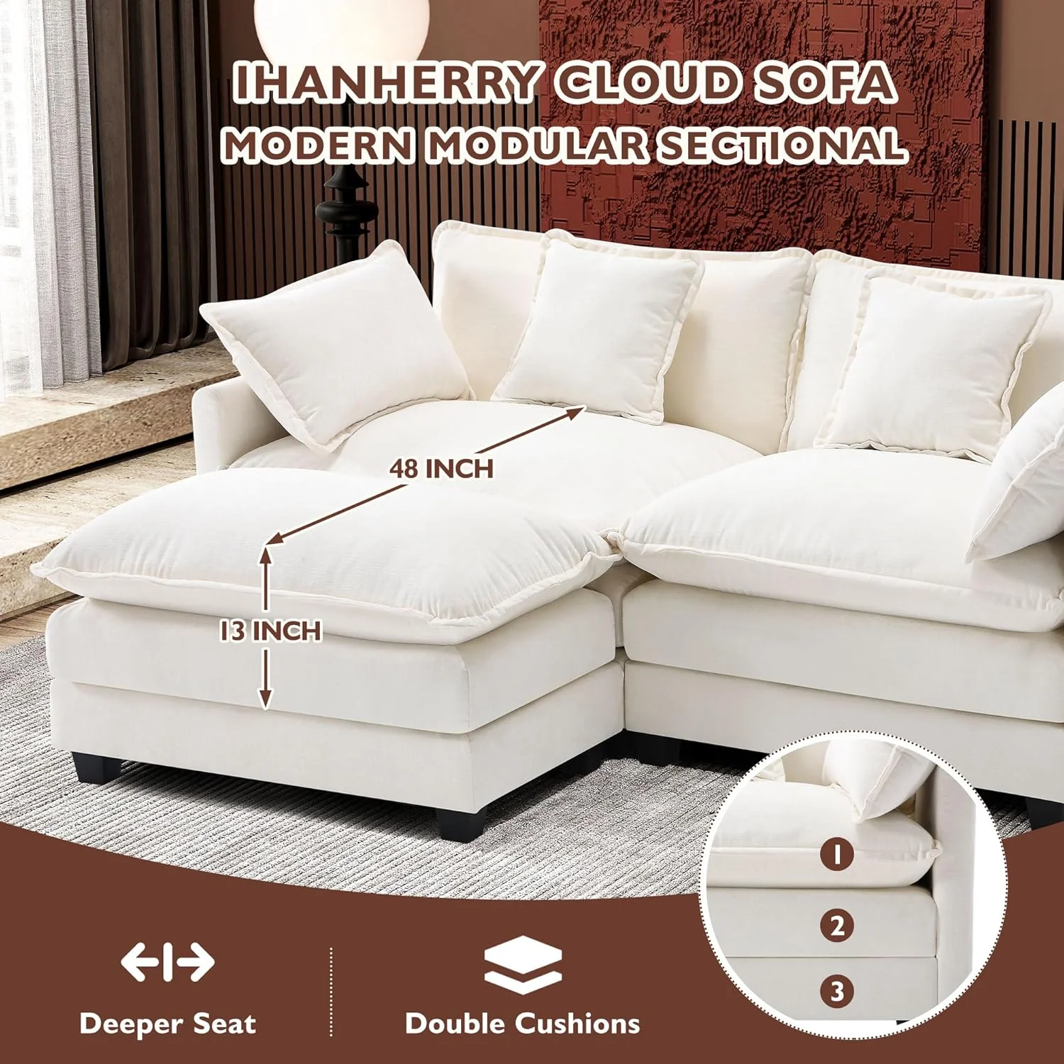 111.4 Inch L-Shaped Modern Sofa Modular Cloud Sofa Ottoman 4-Seater Chenille Deep Seat Sofa