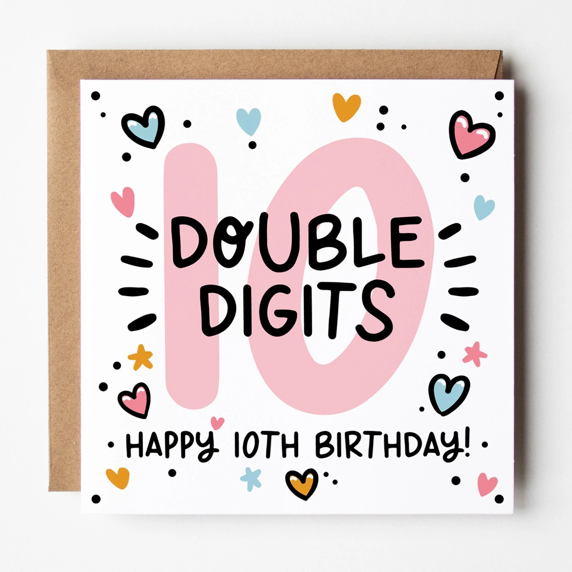 10th Birthday Card for Girls: Pink 10, Double Digits with Hearts and Kraft Envelope