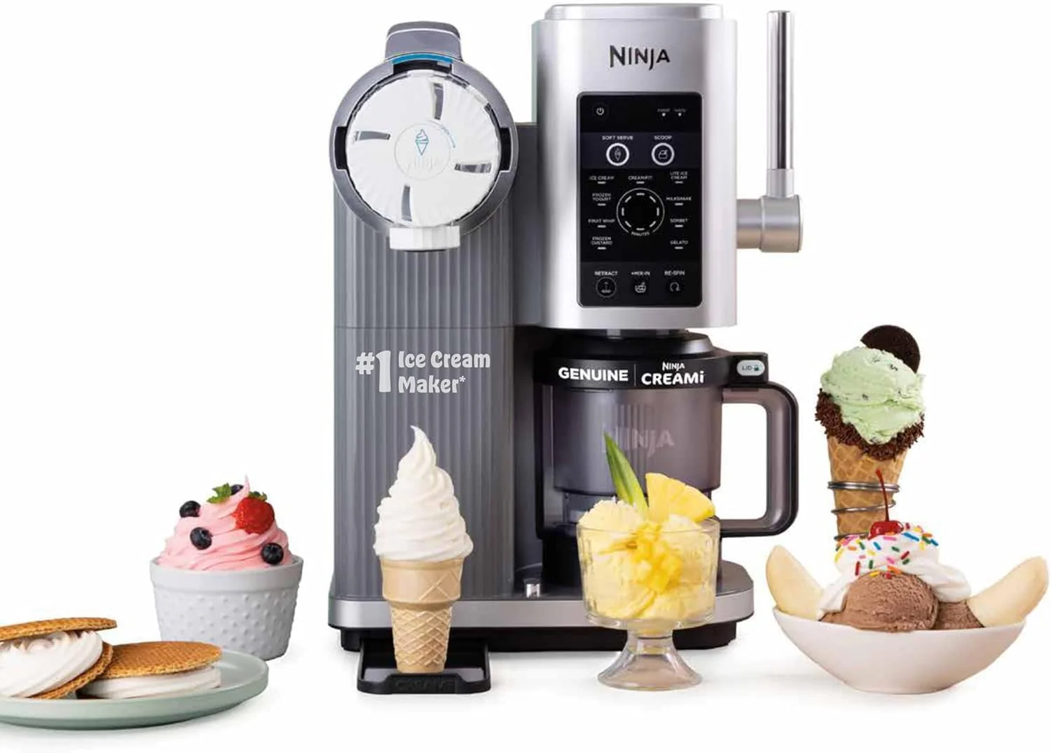 Ninja CREAMi Scoop and Swirl lágyfagylalt- és fagylaltkészítő 2x tárolóedénnyel, 13 funkcióval, készít fagylaltot, lágyfagylaltot, gelatót, szorbetet, turmixokat és egyebeket, keverő funkcióval, platinaezüst, NC701UK