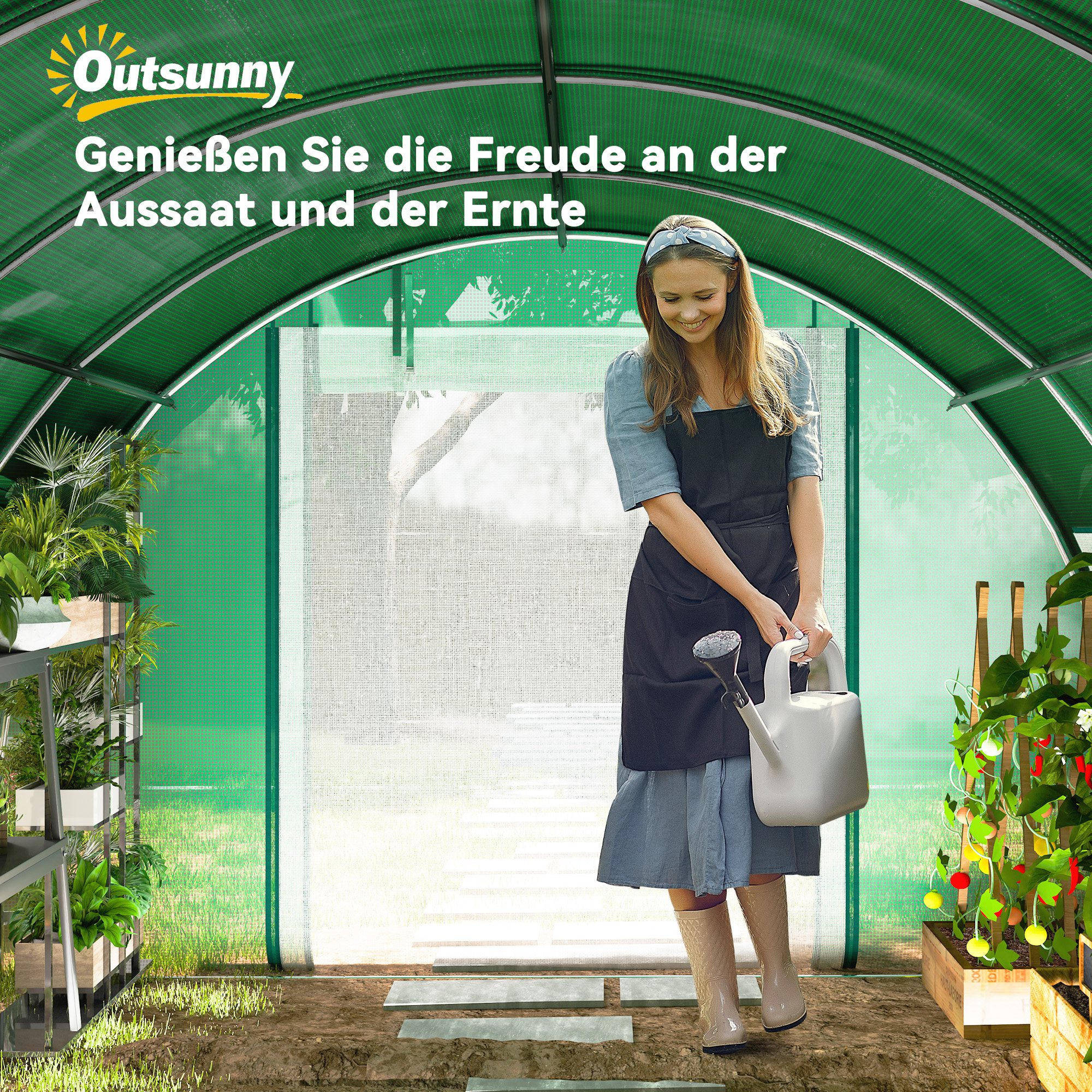 Outsunny 4 x 3 x 2 m Polykastunnel met Zonneschermnet, Oprolbare Zijwanden, Plastic Afdekking, Stalen Frame, Groen