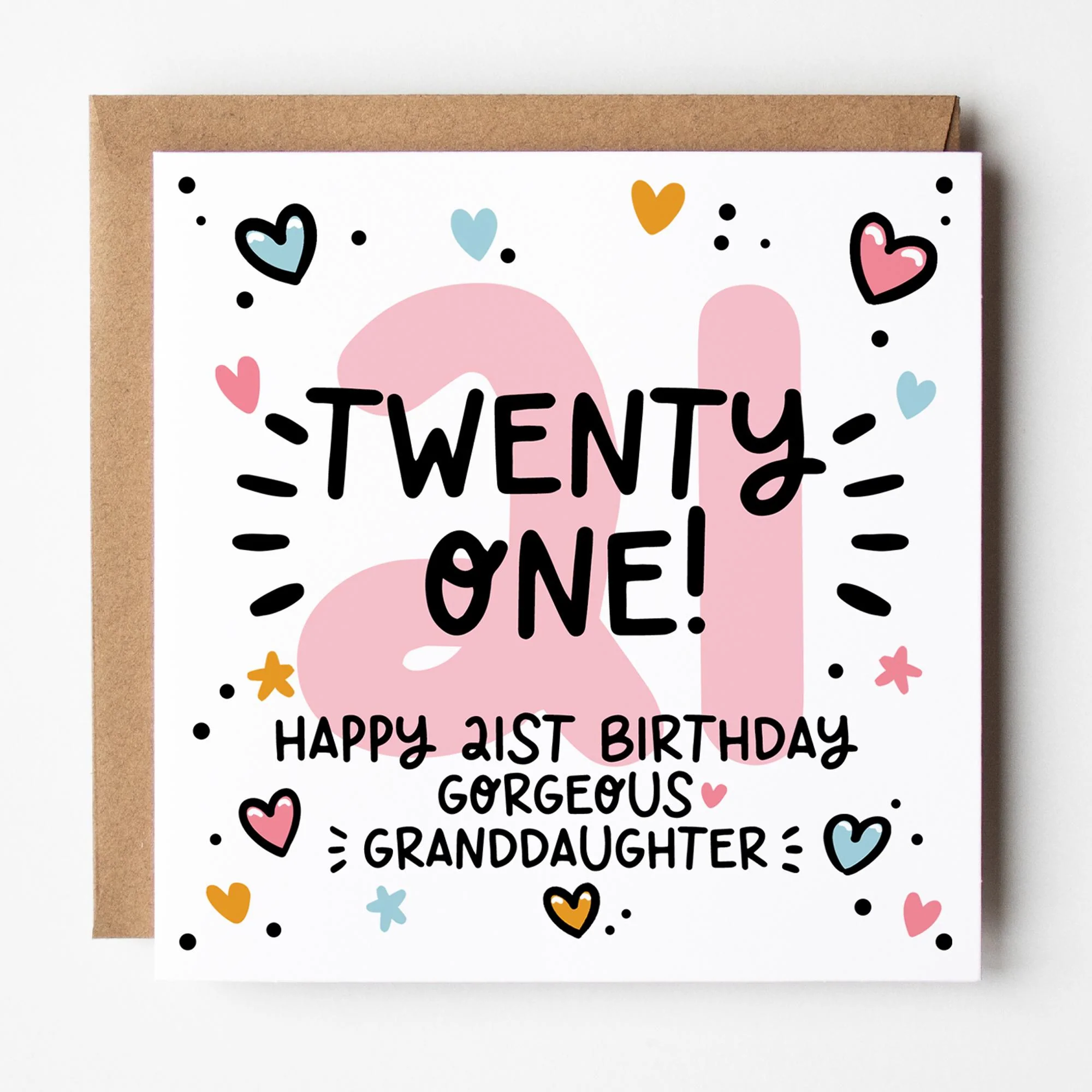21st Birthday Card for Granddaughter: Pink 21, Proper Adult with Hearts and Kraft Envelope