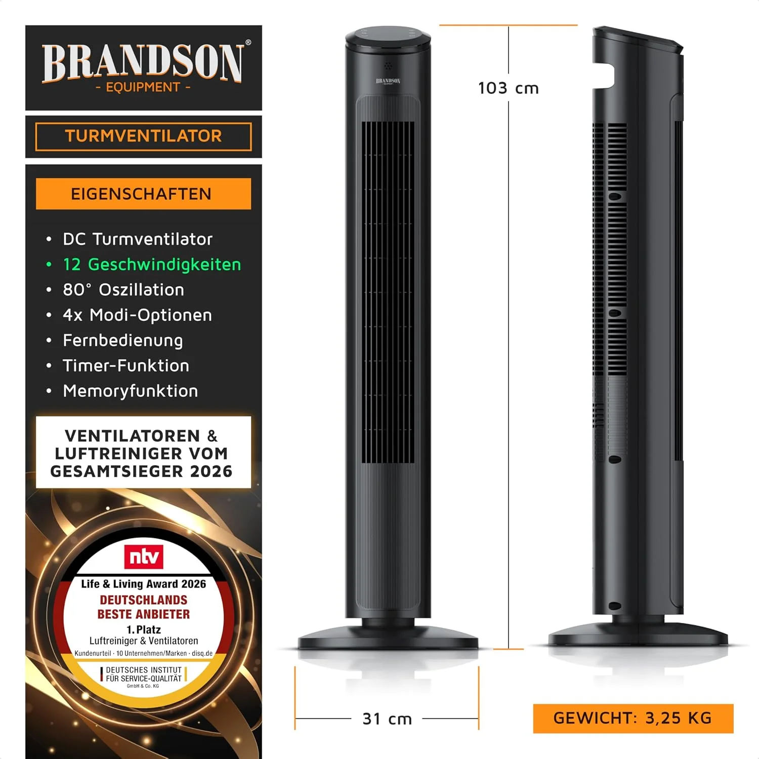 Brandson - Oszilláló toronyventilátor – nagyon halk – alvó üzemmód – 2026-os ventilátor- és léghűtő tesztgyőztes – 12 sebességfokozat – oszcilláló funkció – távirányítóval – fekete