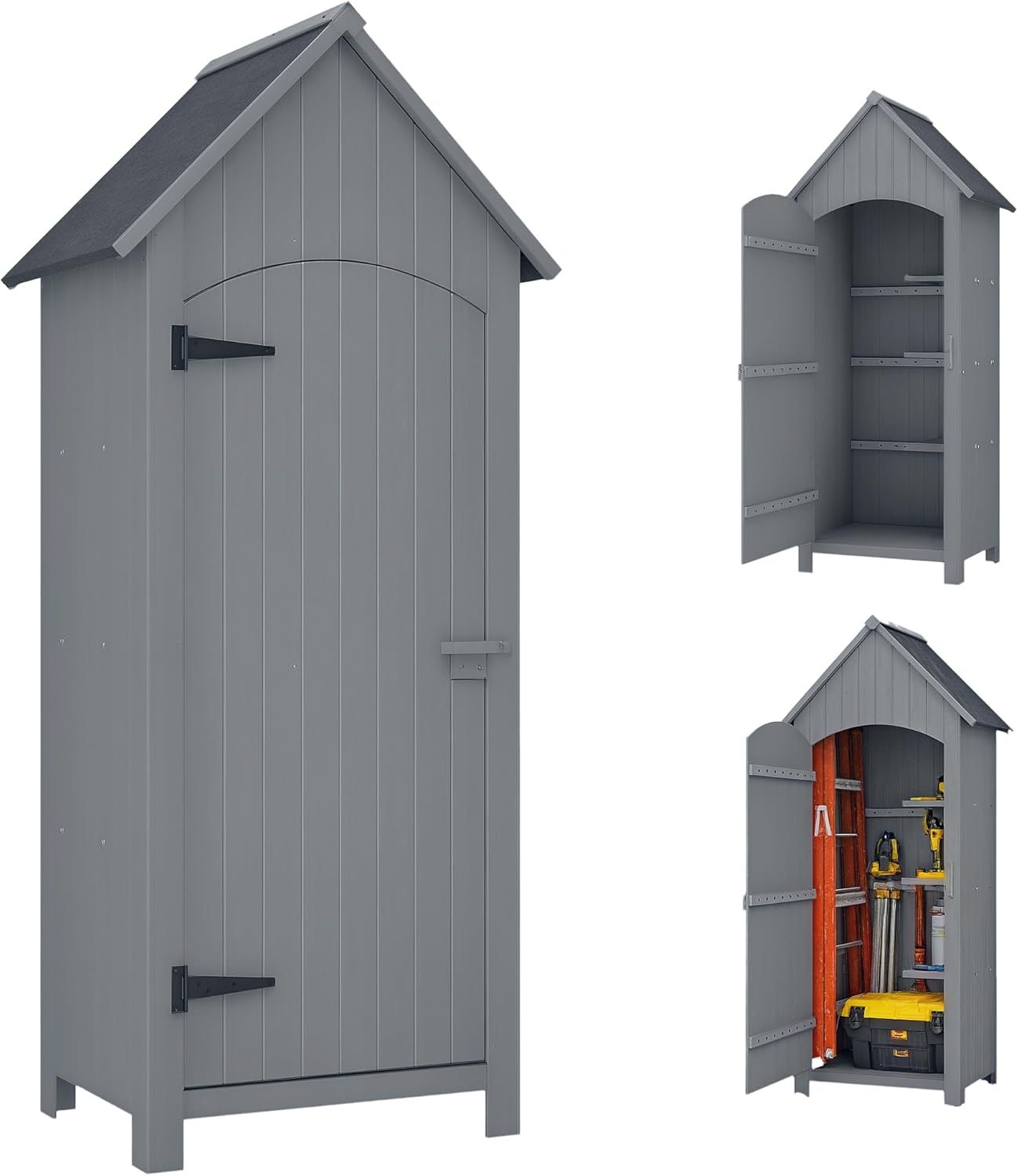Outsunny Abri de Jardin en Bois cabane de Jardin Exterieur Armoire de Jardin avec Toit bitumé 3 étagères Porte avec loquet Rangement et Stockage extérieurs pour terrasse 77,5 x 54,2 x 179,5 cm Gris