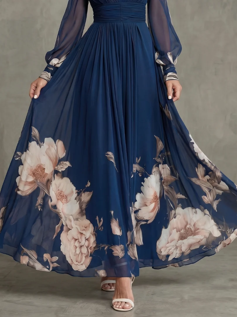 Women��s Maxi Dress Pleated Sheer Sleeves and Defined Waist
